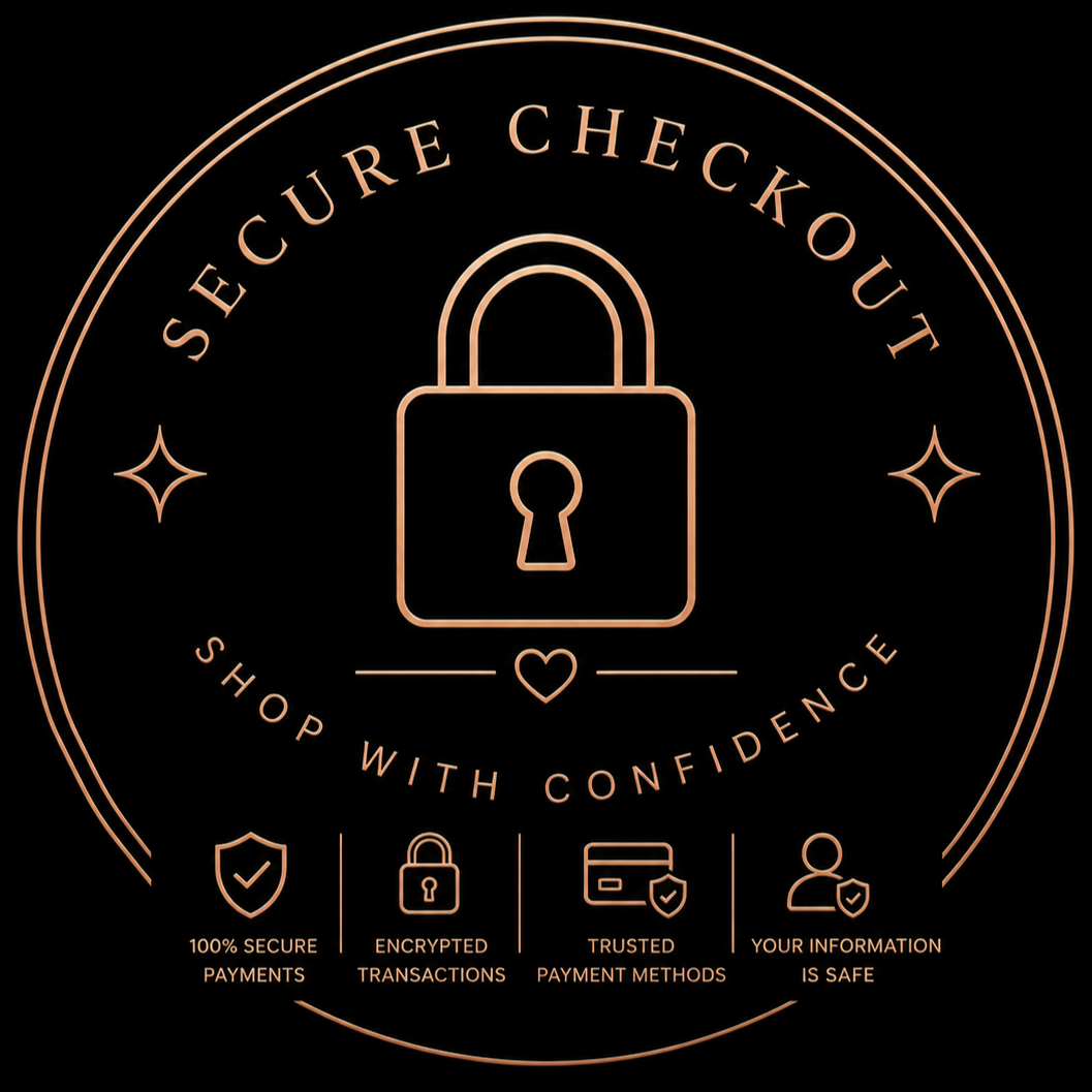 A circular emblem with a lock in the center, surrounded by text that says 'Secure Checkout' at the top and 'Shop with Confidence' at the bottom. Additional icons and text beneath mention '100% Secure Payments,' 'Encrypted Transactions,' 'Trusted Payment Methods,' and 'Your Information is Safe.'