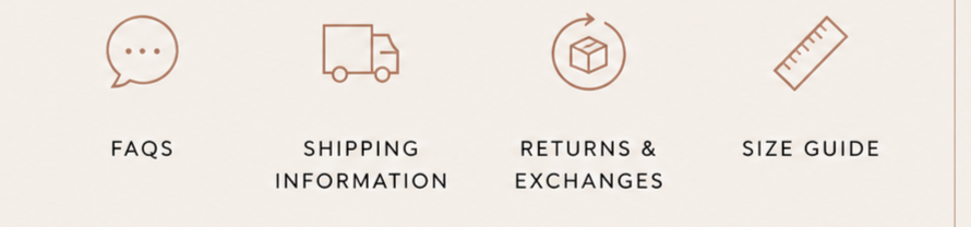 Icons and text for FAQs, shipping information, returns & exchanges, and size guide on a website.