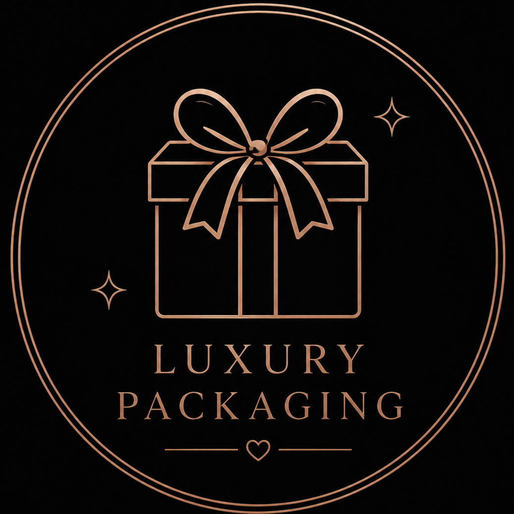 An elegant line drawing of a gift box with a bow inside a circular border, with the words 'Luxury Packaging' and small decorative stars and a heart.