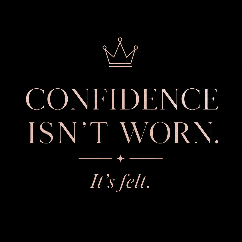 Inspirational quote: 'Confidence isn't worn. It's felt.' with a crown icon above the text on a black background.