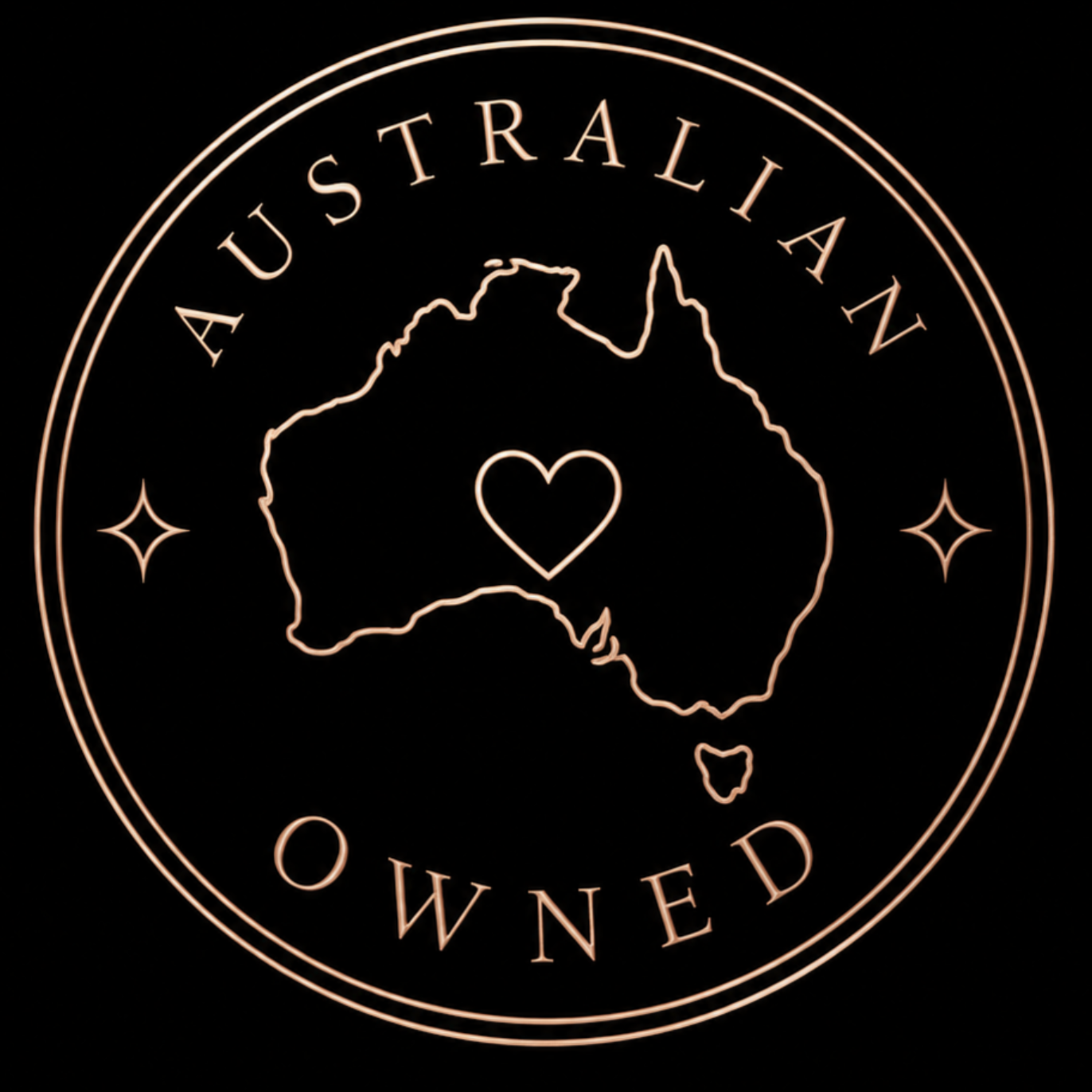 Neon sign featuring a map outline of Australia with a heart in the center, surrounded by the words 'Australia' and 'Owned', with decorative stars.