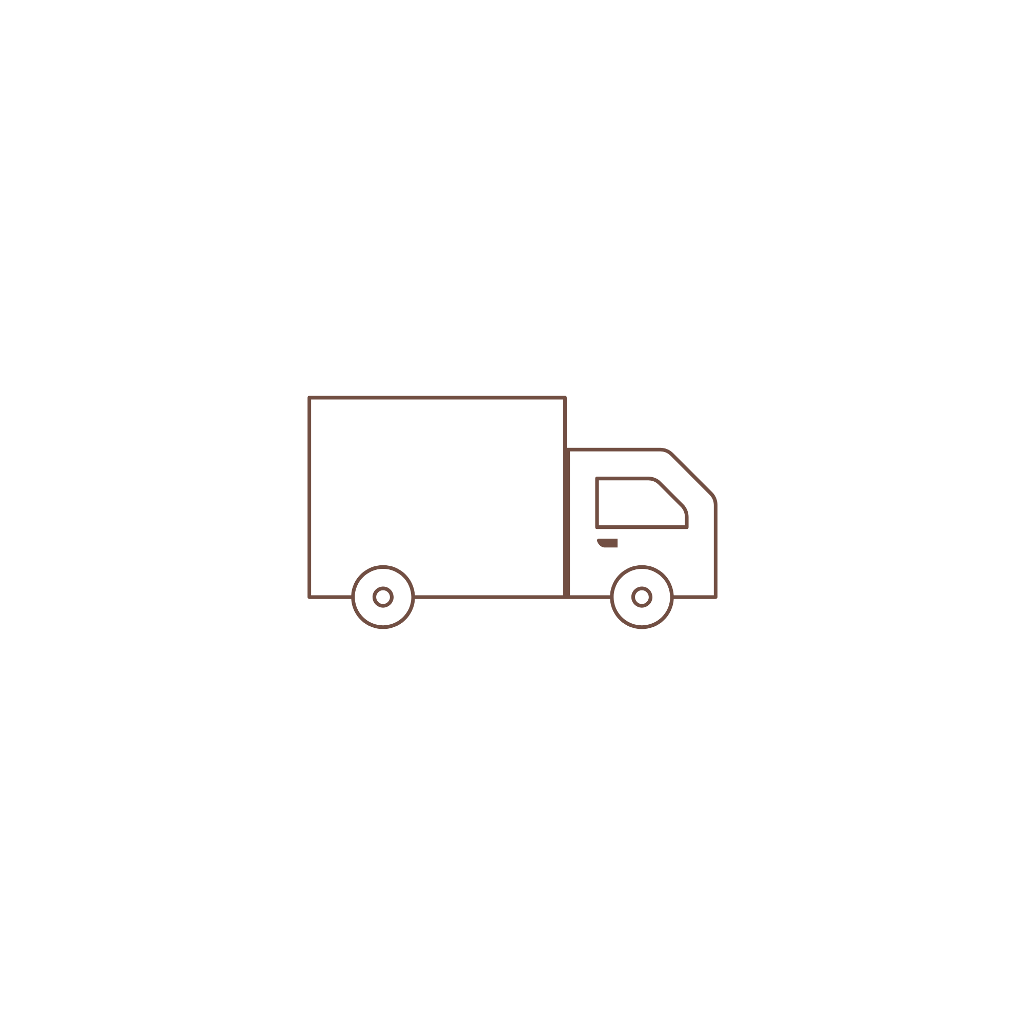 An illustration of a delivery truck in black outline with a brown cargo container.