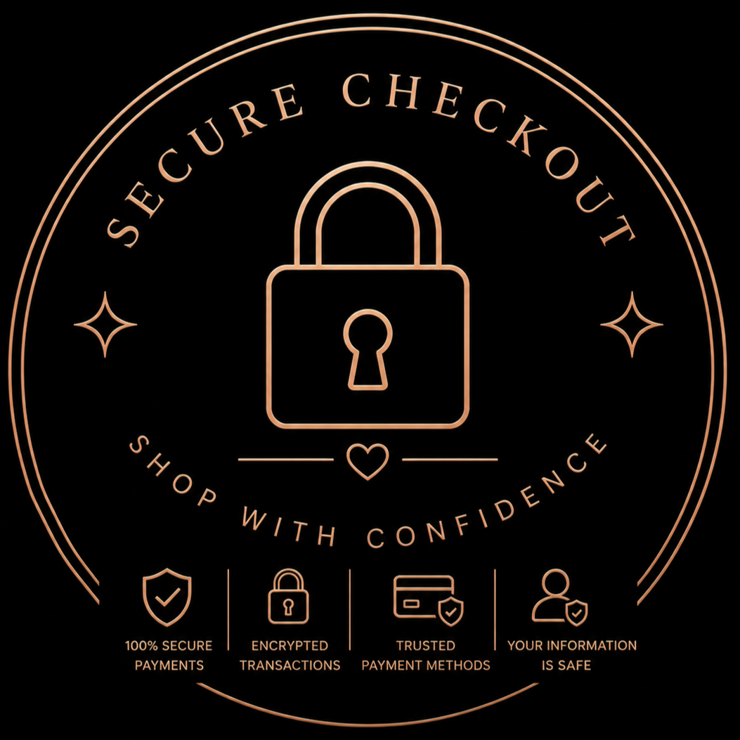 A circular logo with a lock icon in the center. Text around the top says 'Secure Checkout' and around the bottom says 'Shop with Confidence.' Below the lock, there are four icons with captions: a shield with a checkmark labeled '100% Secure Payments,' a lock labeled 'Encrypted Transactions,' a credit card with a shield labeled 'Trusted Payment Methods,' and a person with a shield labeled 'Your Information is Safe.'