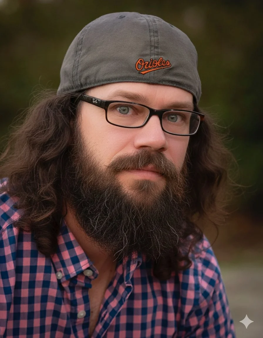 A man with long, wavy hair, glasses, a full beard, wearing a gray Orioles cap and a pink and blue checkered shirt.
