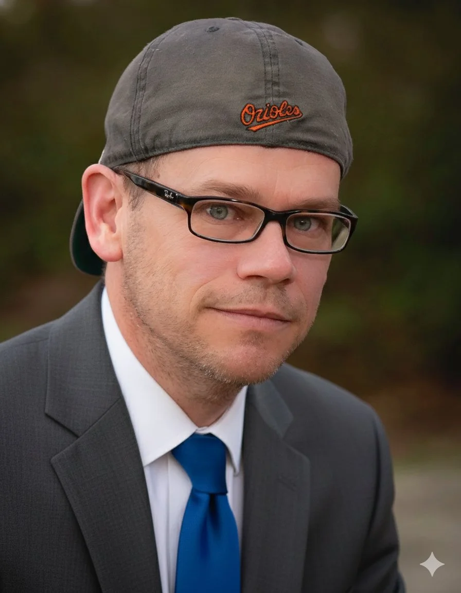 A man wearing a gray Orioles baseball cap, black glasses, a white shirt, a gray suit jacket, and a blue tie outdoors with blurred greenery in the background.