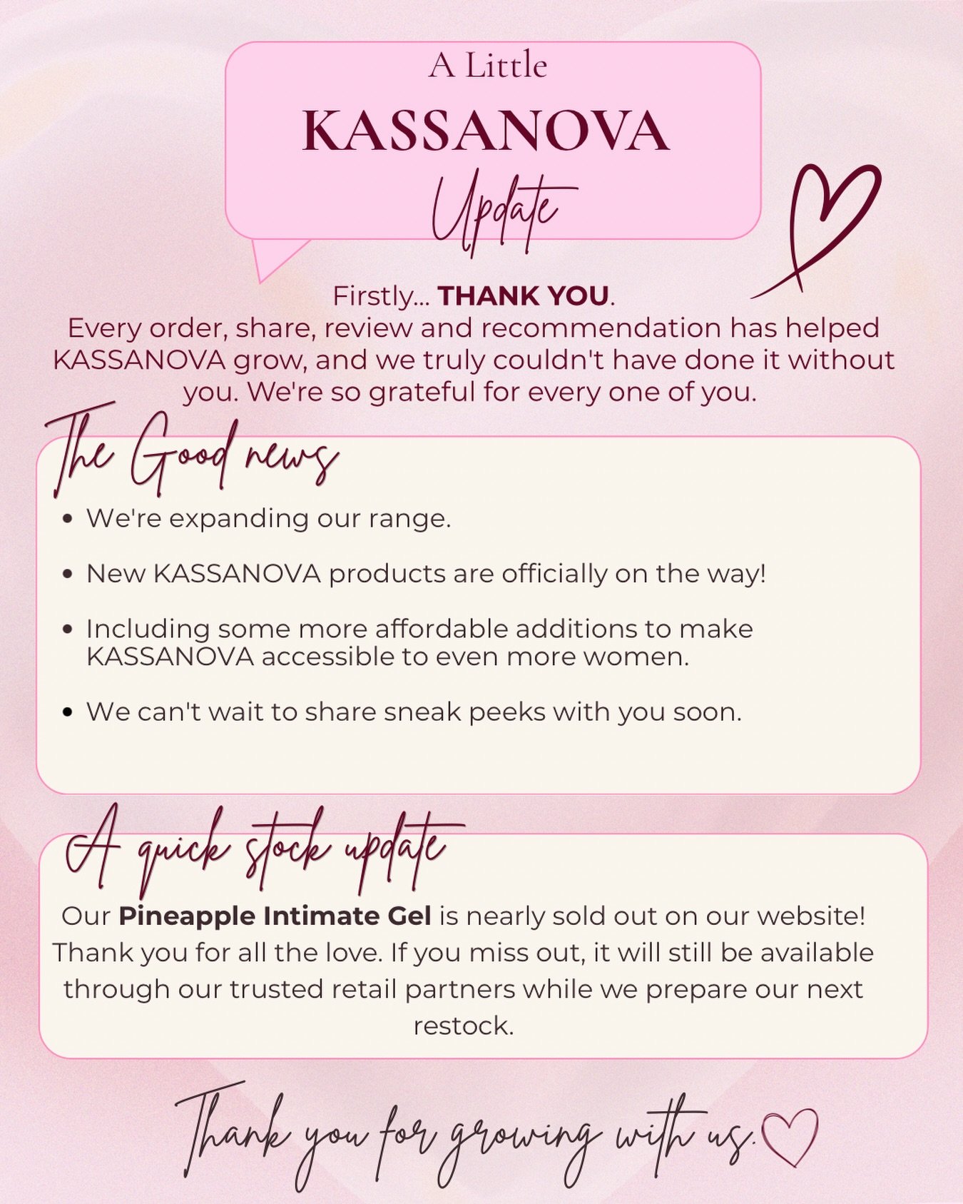 A little update from us. 🤍

We honestly couldn&rsquo;t have come this far without your support. Thank you for being part of the KASSANOVA journey.

We&rsquo;ve got some exciting things in the works&hellip; and trust us, this is only the beginning. ?
