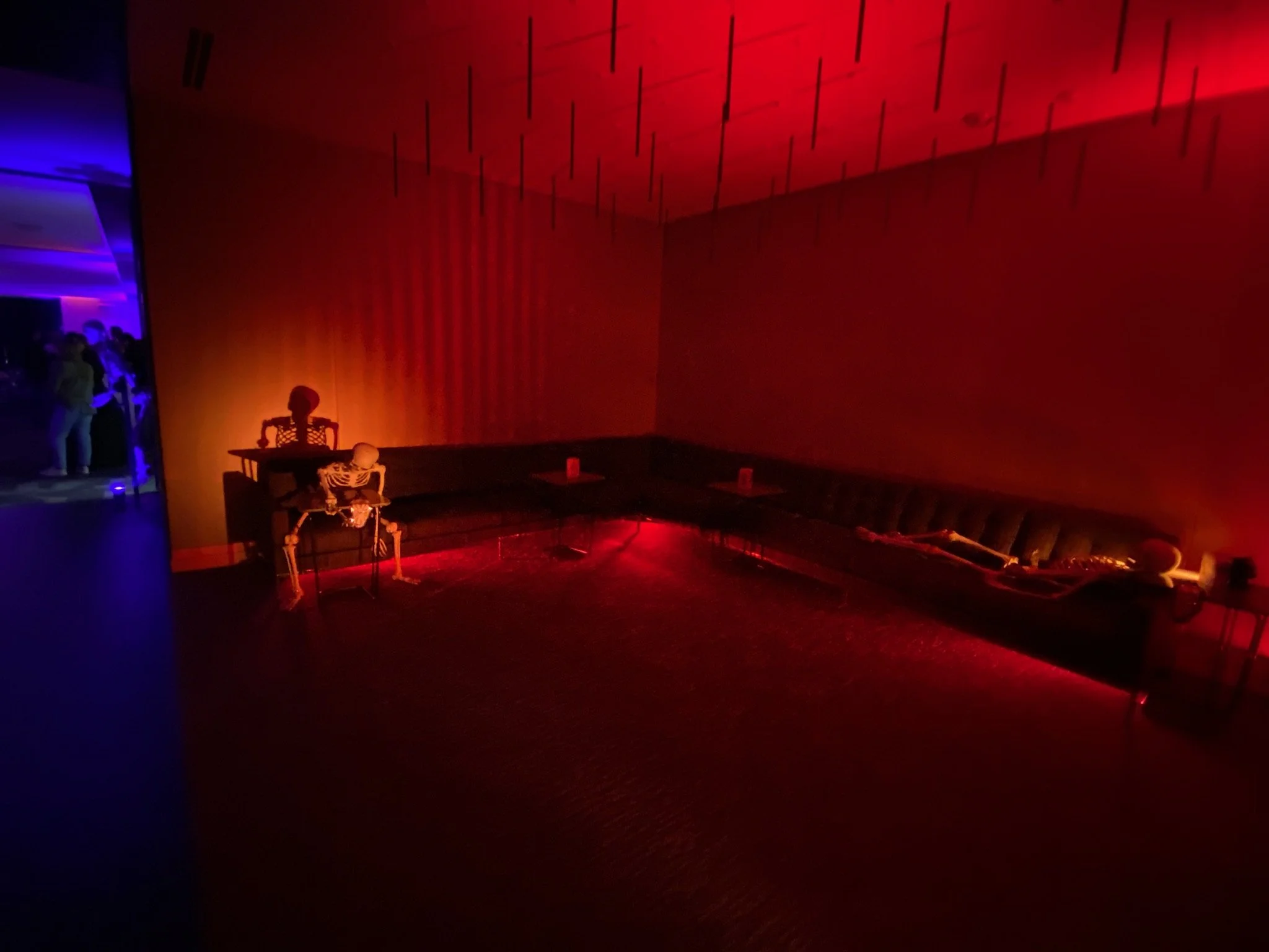 Dark room with skeleton decorations, including one sitting at a table and another lying down, illuminated by red lighting, with a group of people in the background.