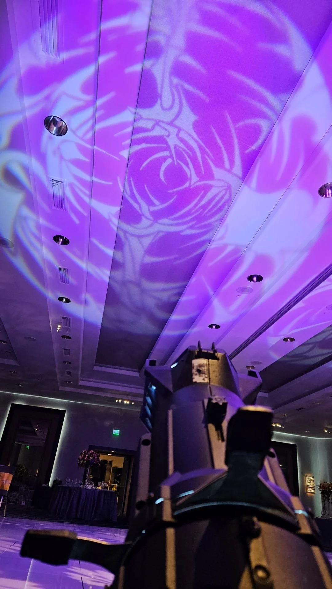 Gun pointed toward a ceiling with purple lighting and a projected image of a tiger's face.