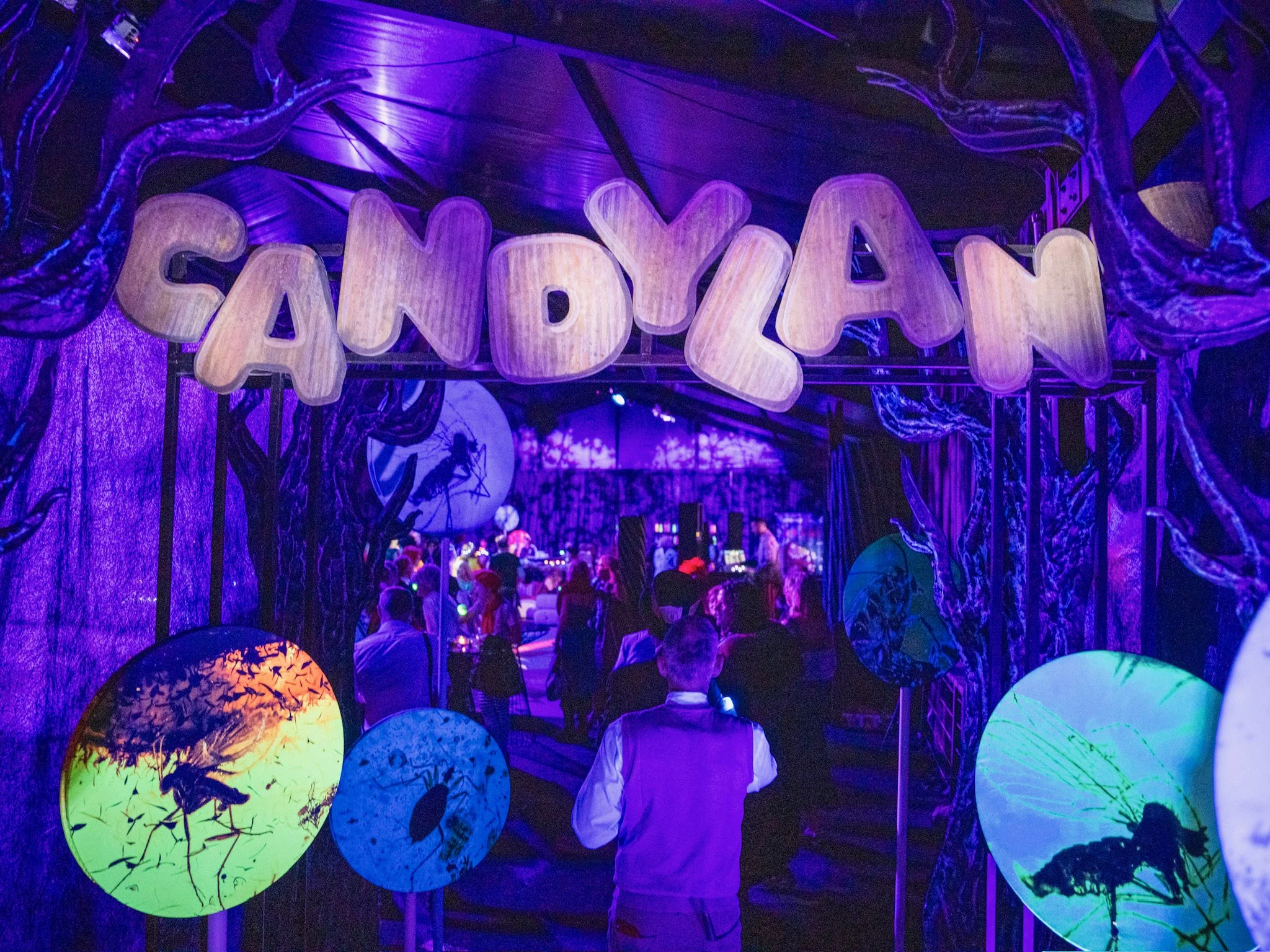 Entrance to an indoor event with a sign that reads 'CANDYLAND' in large wooden letters. The space is decorated with purple lighting and whimsical, twisted tree-like structures with colorful, circular cutouts featuring insects and nature scenes. Atten