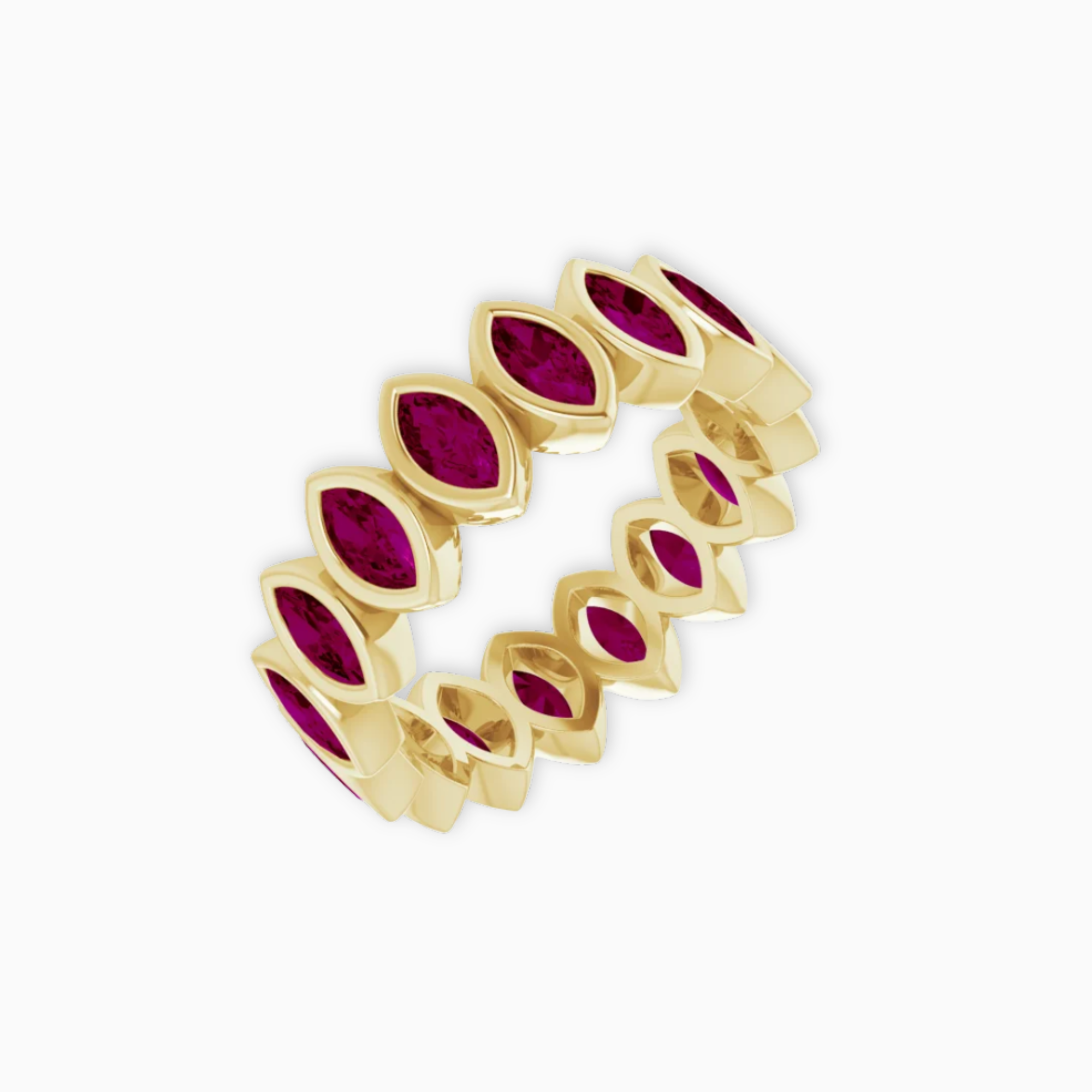 14K yellow gold Diadem marquise eternity ring with rhodolite garnet gemstones angled view