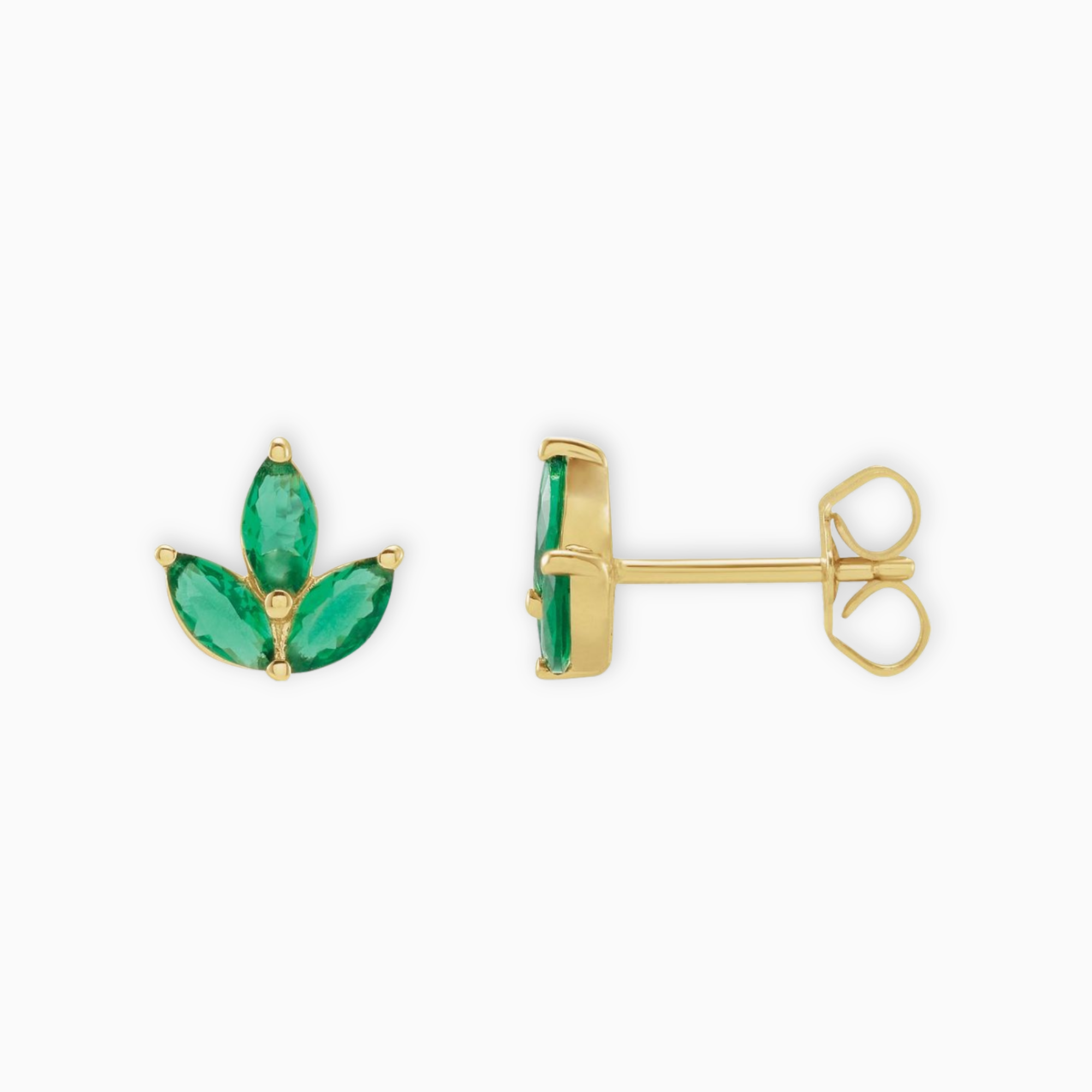 14K yellow gold stud earring with three marquise-cut natural emeralds, front and side view
