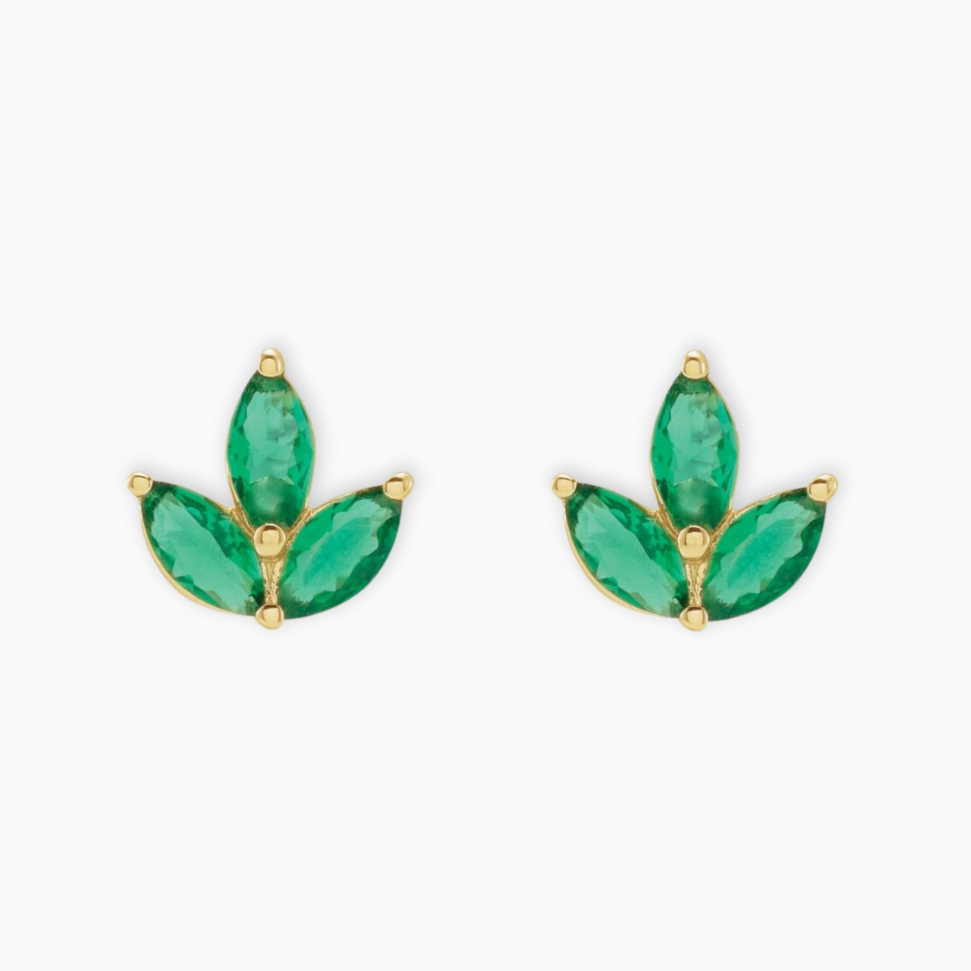 Pair of 14K yellow gold stud earrings with three marquise-cut natural emeralds