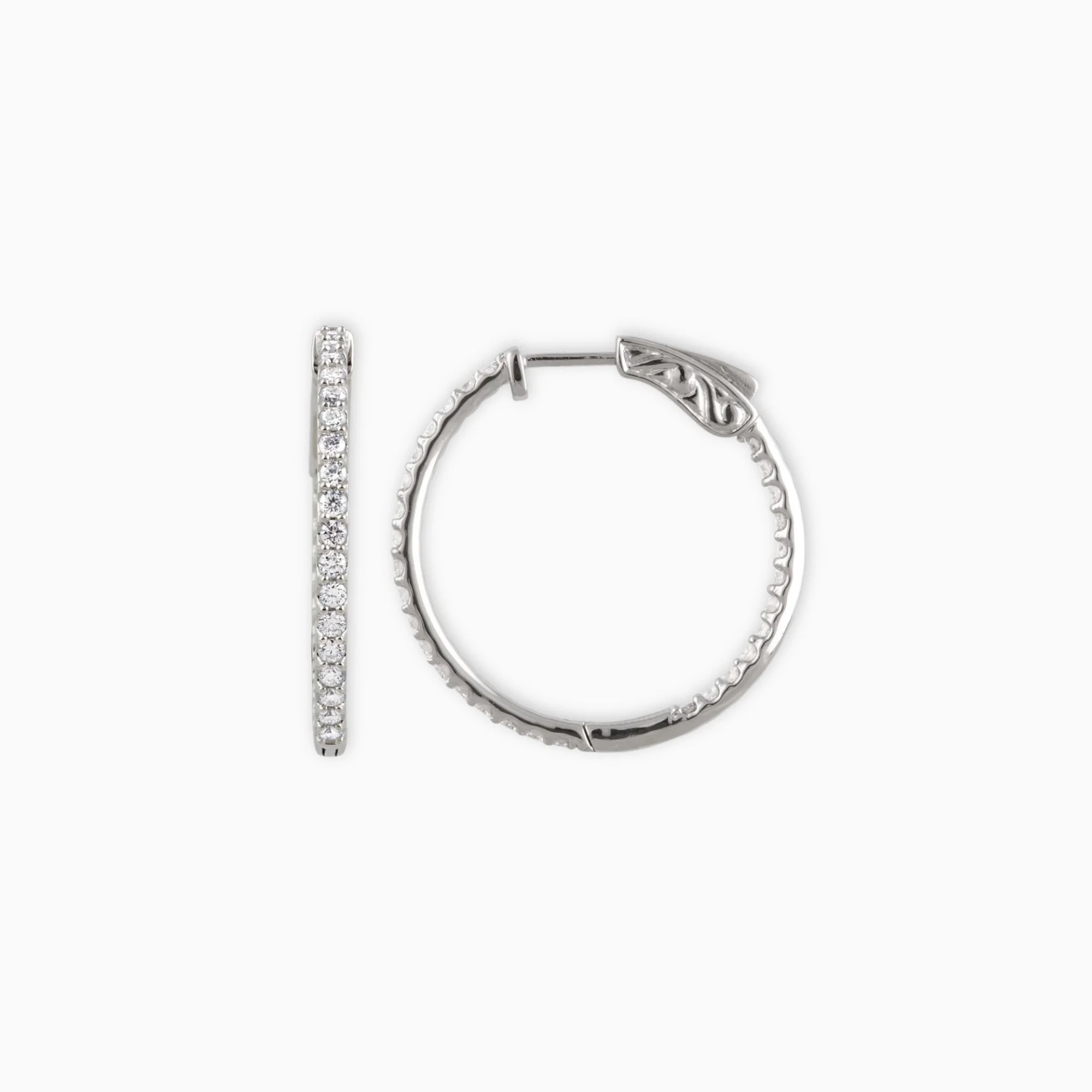 Signature Diamond Hoop Earrings 14K white gold inside-out diamond hoop side view hinge detail