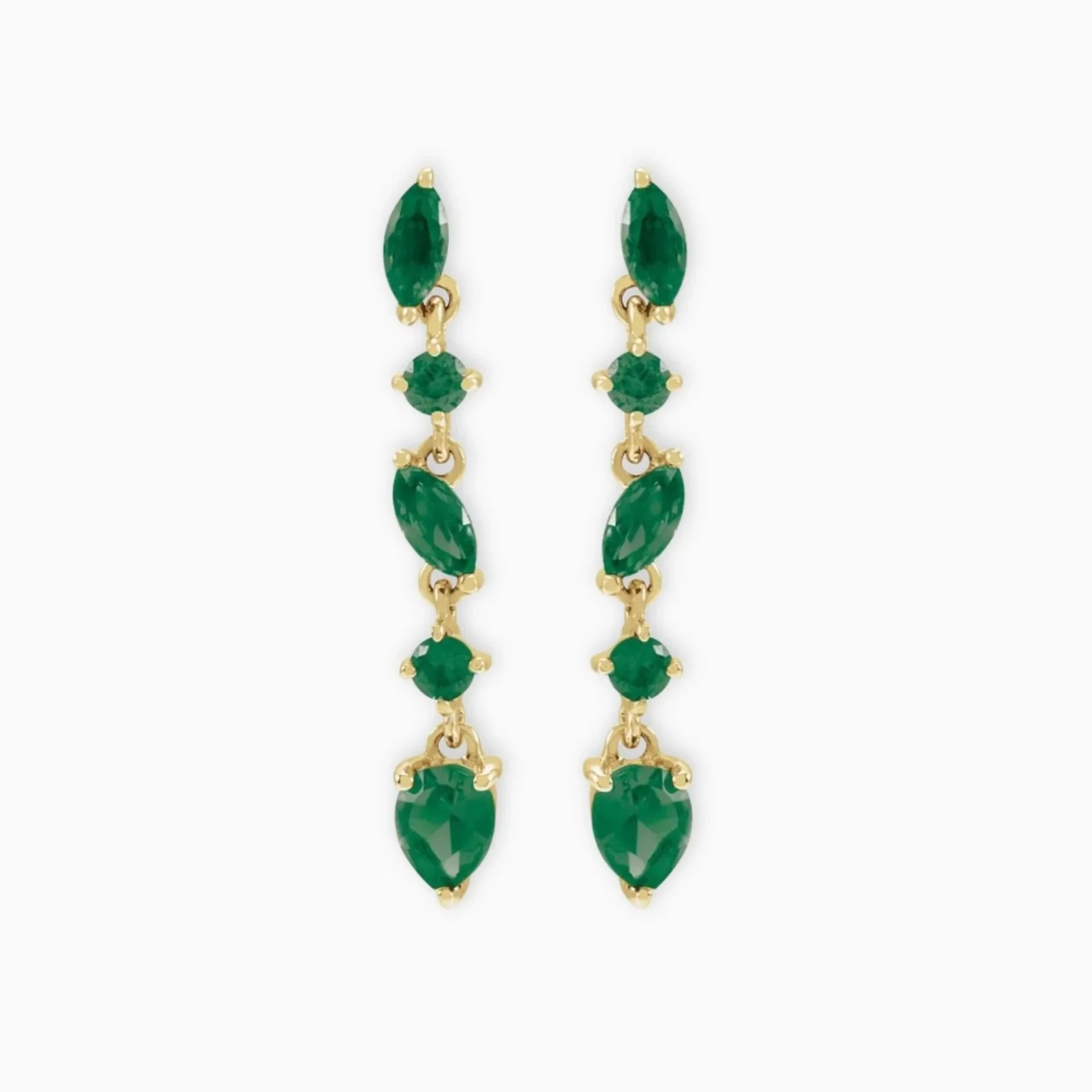 14K yellow gold emerald drop earrings with pear, marquise, and round stones | Mary James Jewels