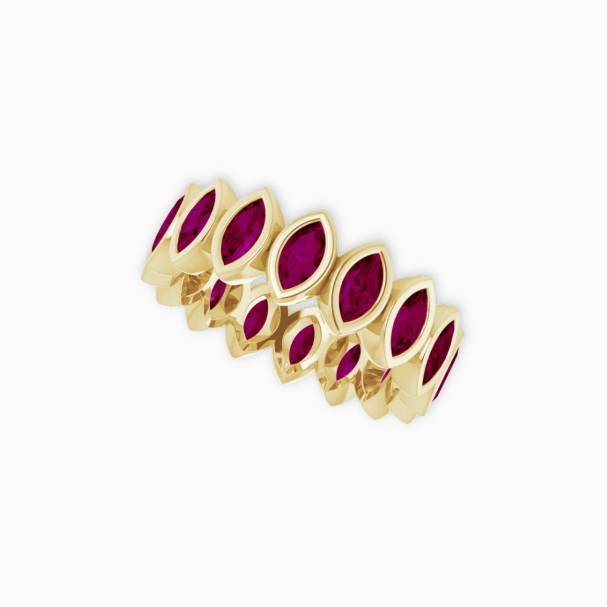 Three-quarter view of Diadem marquise eternity band in 14K yellow gold with rhodolite garnet gemstones