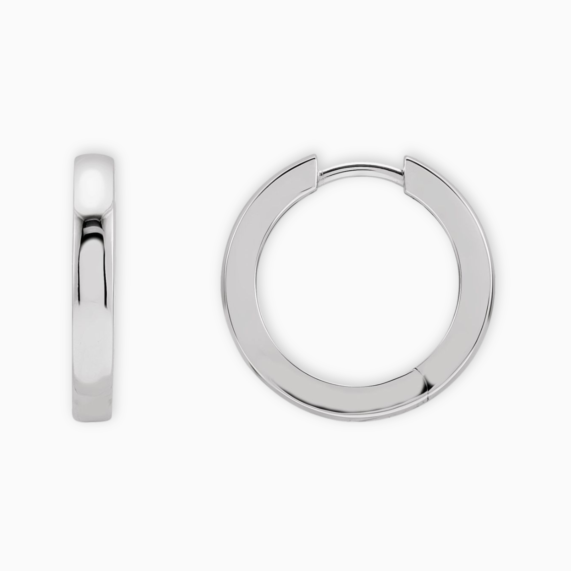14K white gold huggie hoop earrings with hinged closure, side and open view