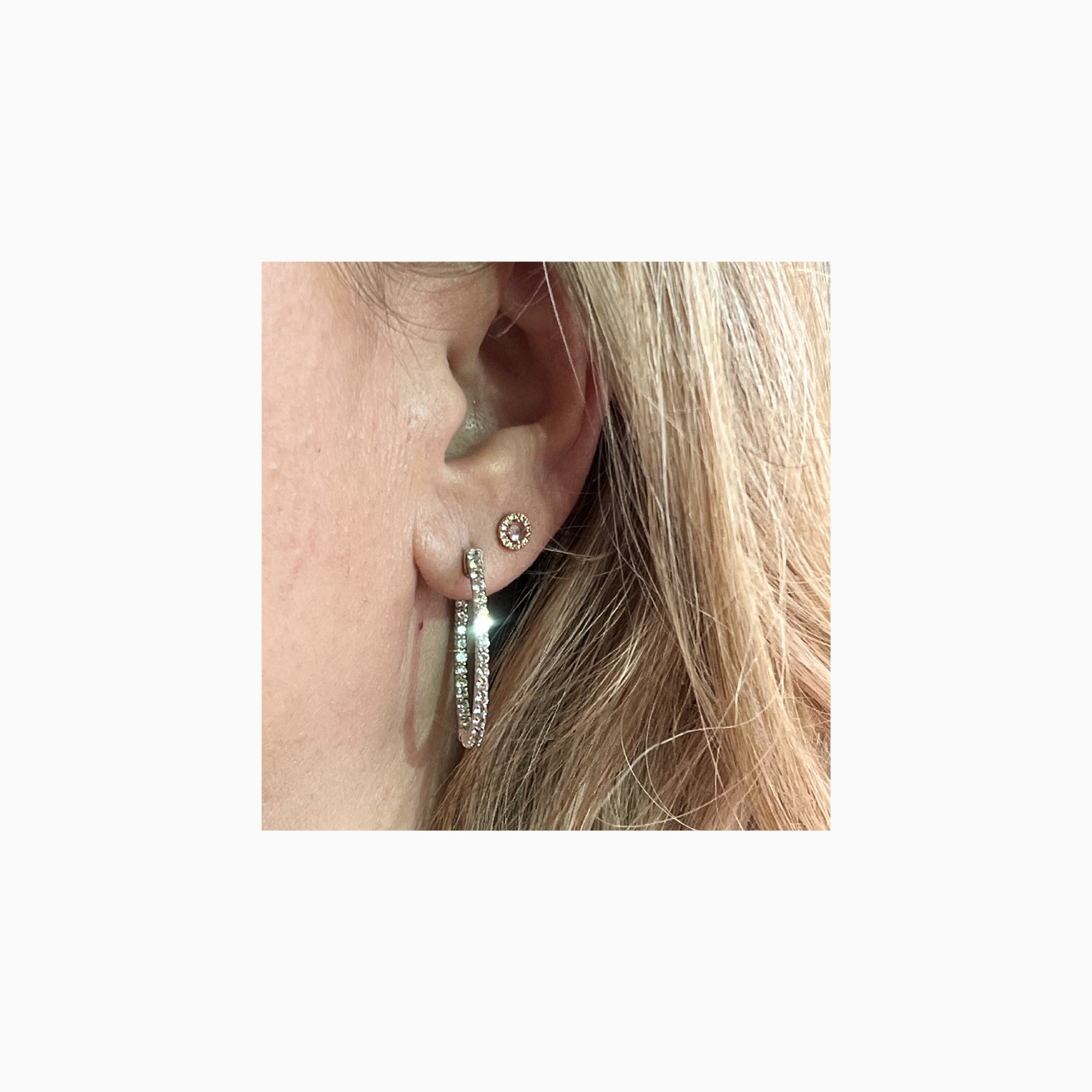 14K white gold diamond hoop earrings worn on ear, everyday fine jewelry | Mary James Jewels