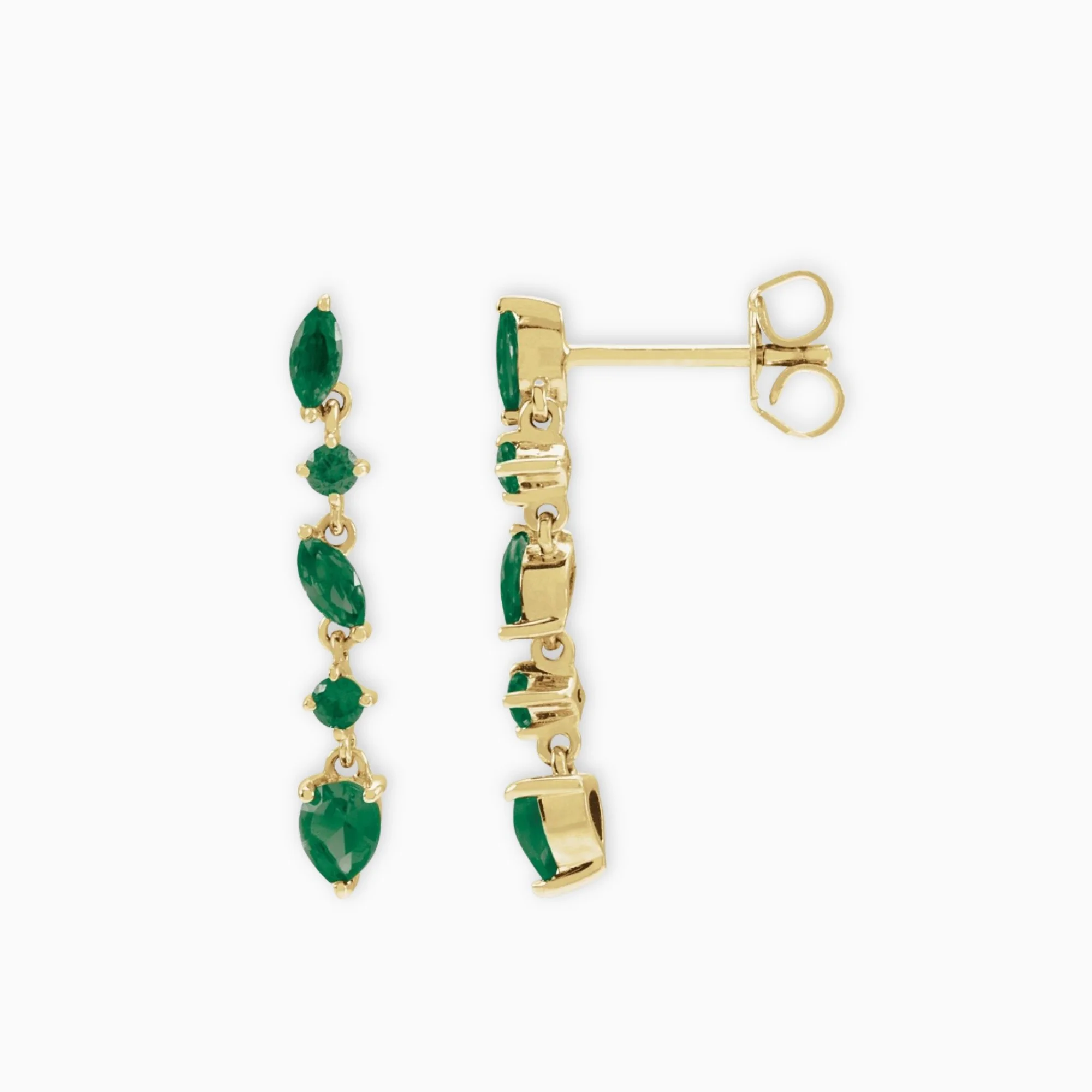 Emerald Heirloom Drop Earrings 14K yellow gold emerald drop earrings angled view
