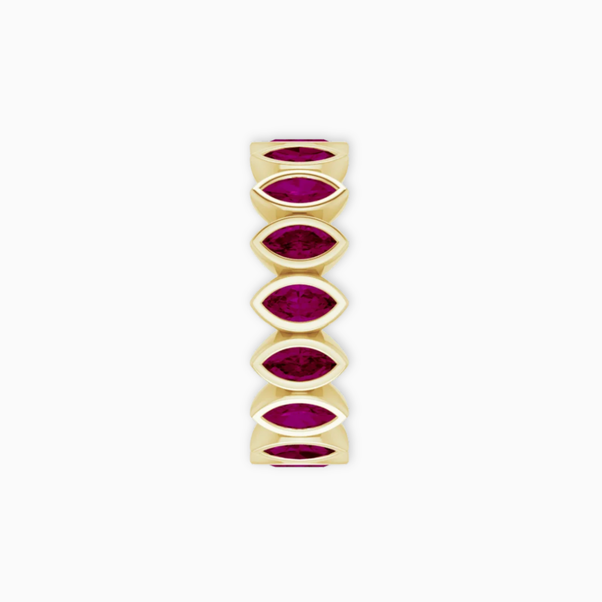 Side profile of Diadem marquise eternity ring in 14K yellow gold with bezel set rhodolite garnet gemstones
