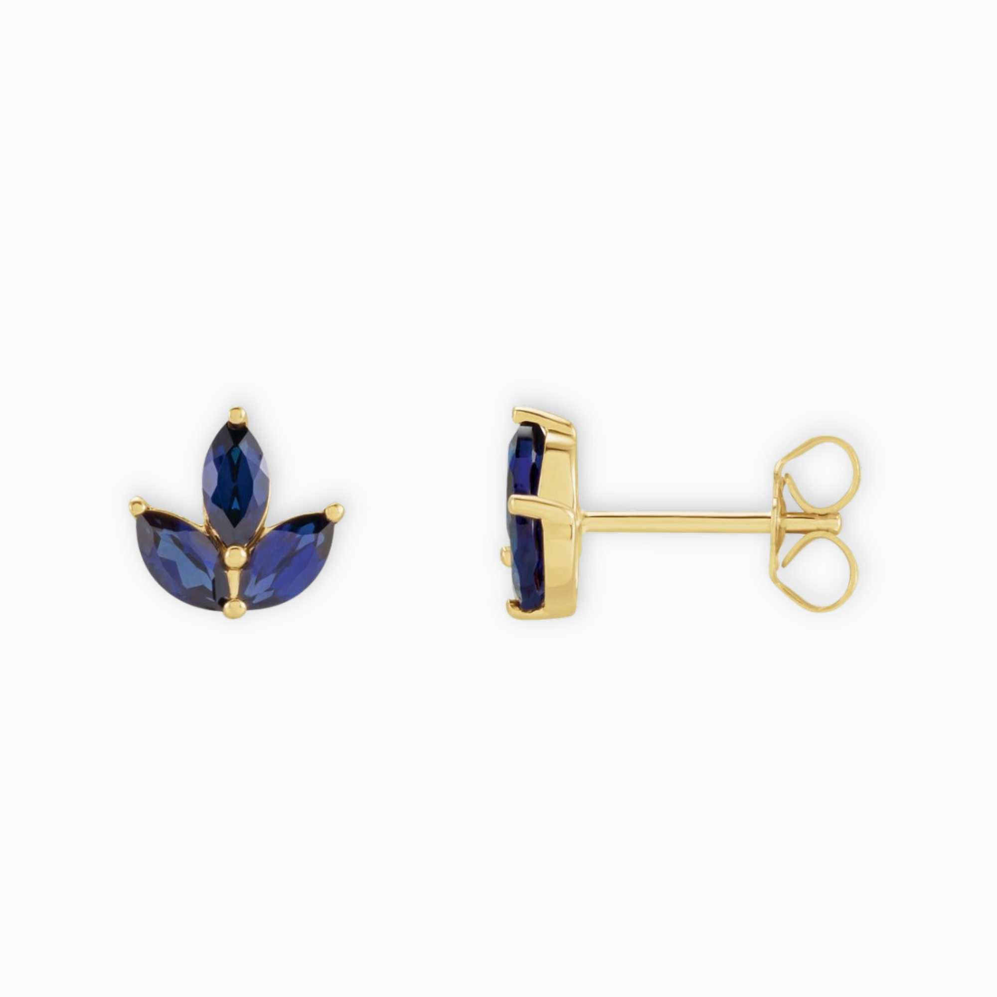 14K yellow gold stud earring with three marquise-cut natural blue sapphires, front and side view