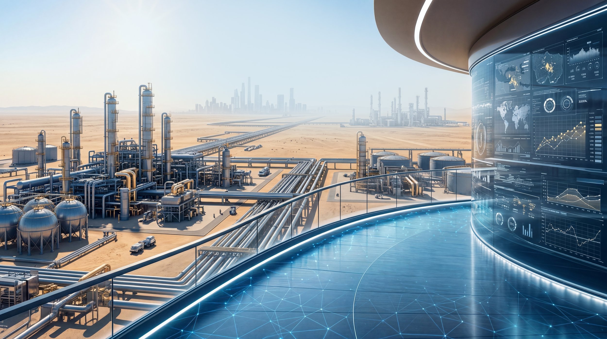 A futuristic control room overlooking an industrial desert plant with a city skyline in the background, displaying digital dashboards and charts.