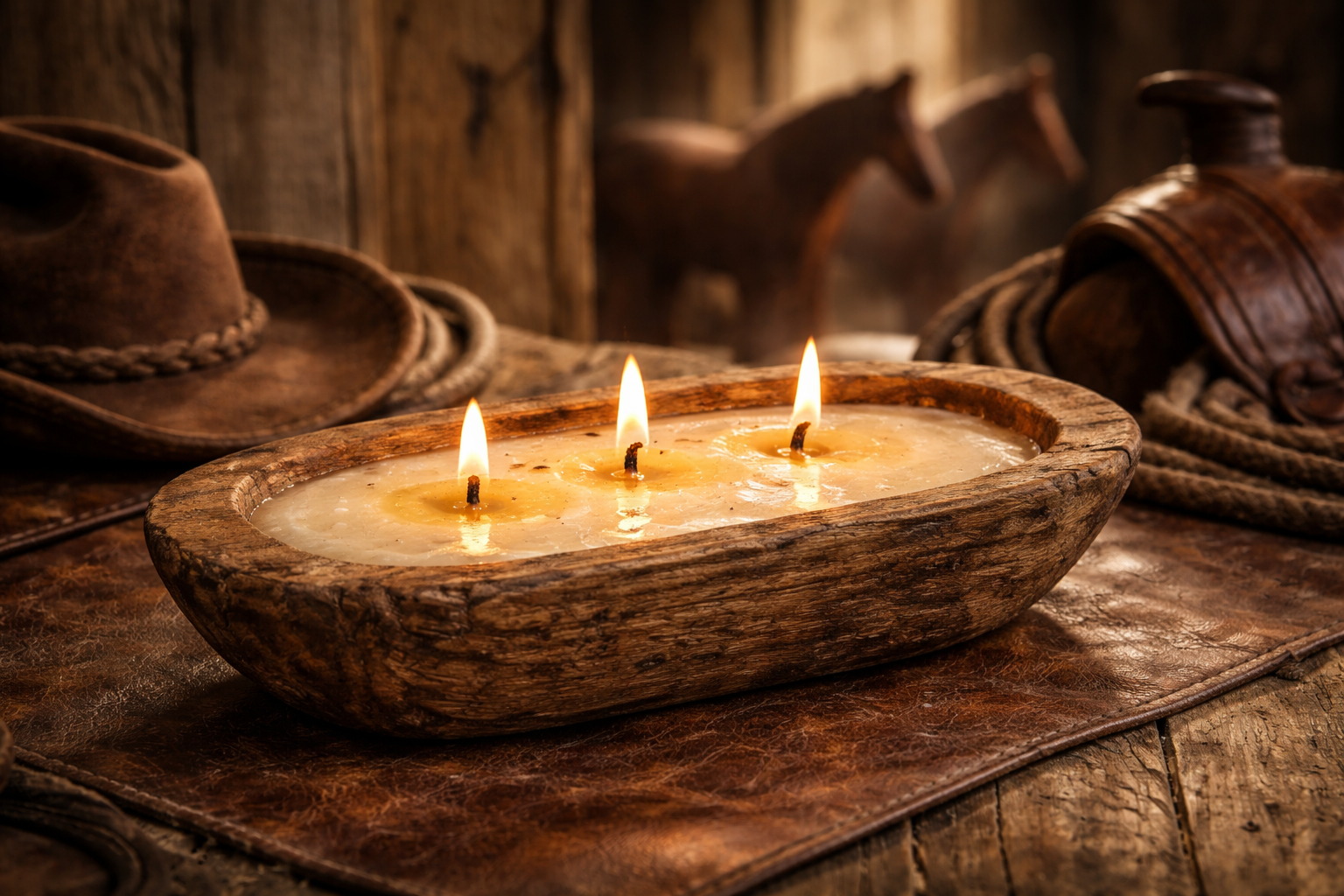 A rustic wooden candle holder with a lit candle, set on a wooden surface in a cowboy-themed setting, with cowboy hats, ropes, and horse figures in the background.