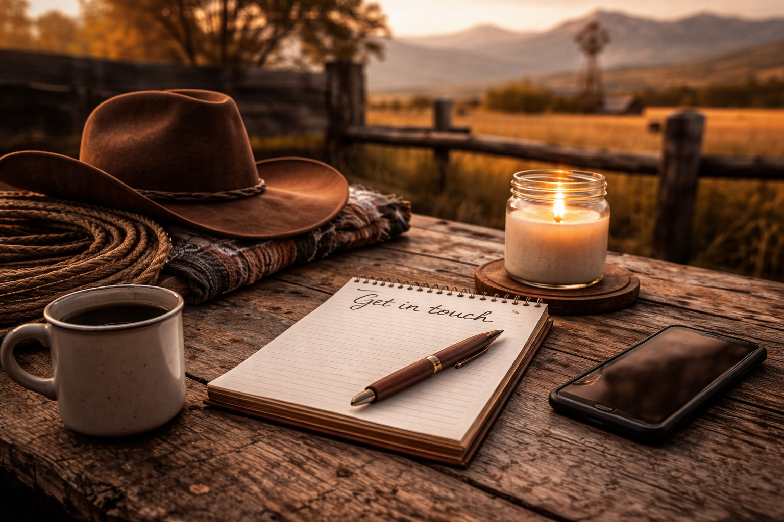A rustic outdoor scene at sunset featuring a table with a coffee mug, a notepad with 'Get in touch' handwritten, a pen, a smartphone, a lit candle in a glass jar, a cowboy hat, a coiled rope, and a blanket, with a wooden fence and distant mountains in the background.