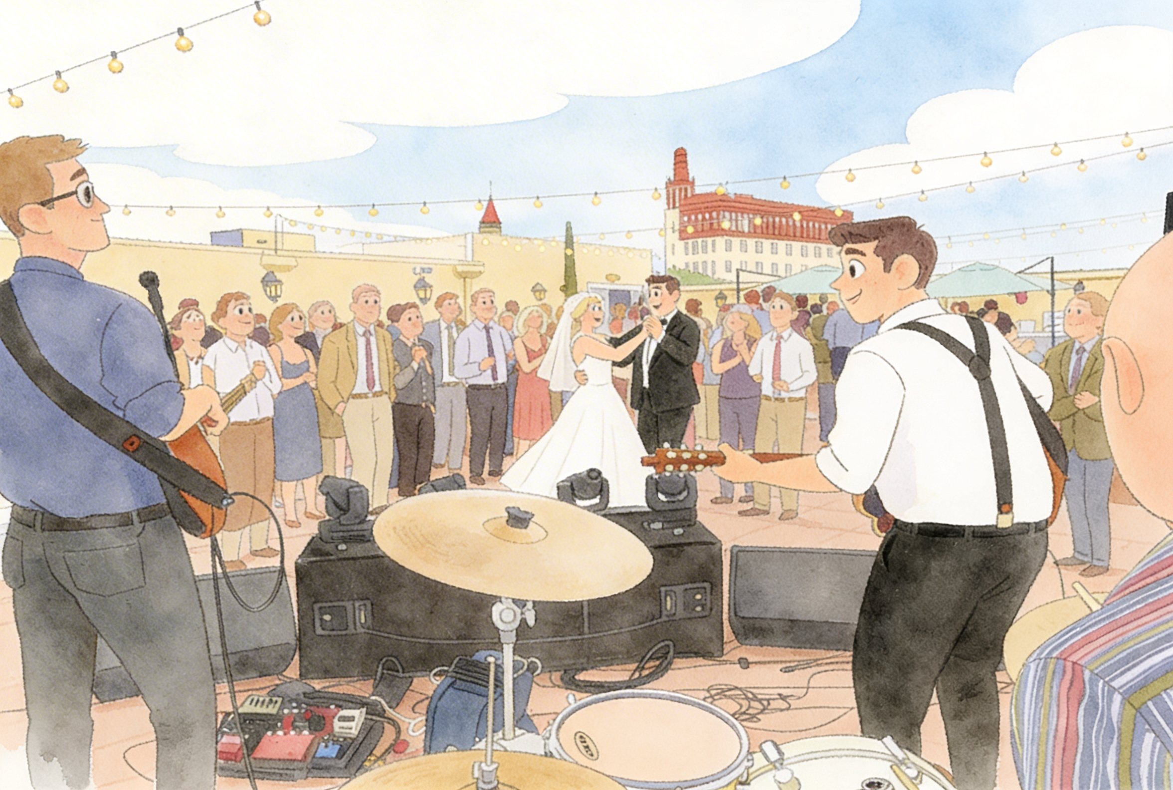 A wedding reception with a band playing music, a bride in a white dress holding hands with the groom in a black suit, and guests dancing and watching under string lights in an outdoor setting with buildings in the background.