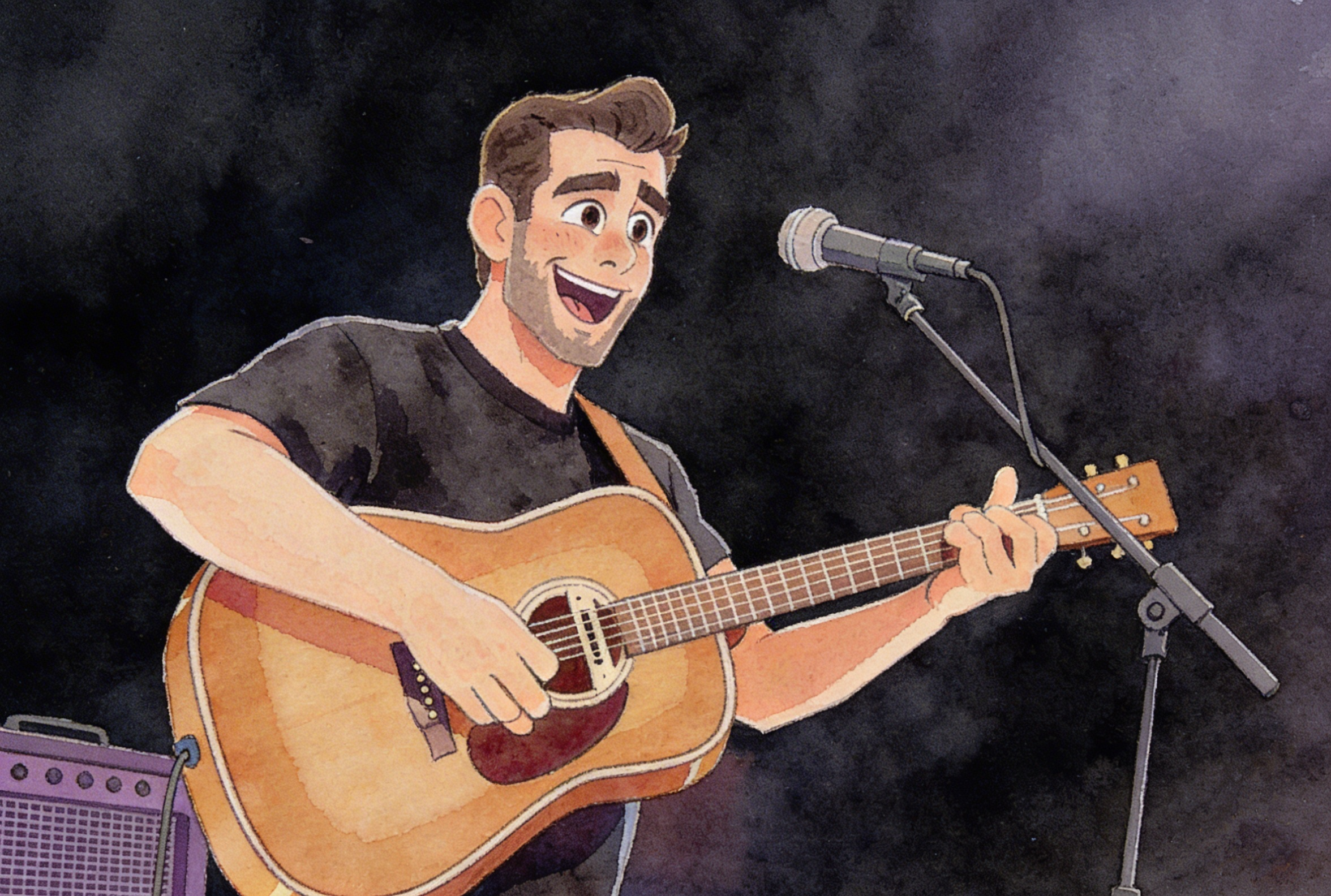 An animated man with brown hair and a beard playing an acoustic guitar and singing into a microphone on a stage with a black background.