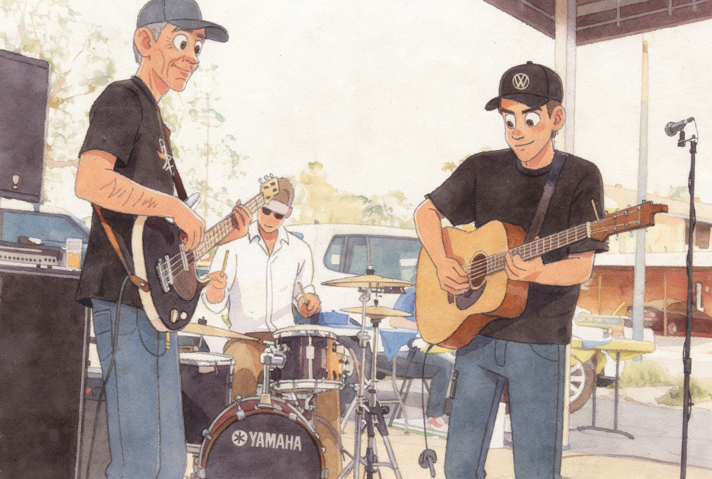 Three musicians performing outdoors under a canopy. The man on the left plays a bass guitar, the man in the middle plays drums, and the man on the right plays an acoustic guitar. All are casually dressed.