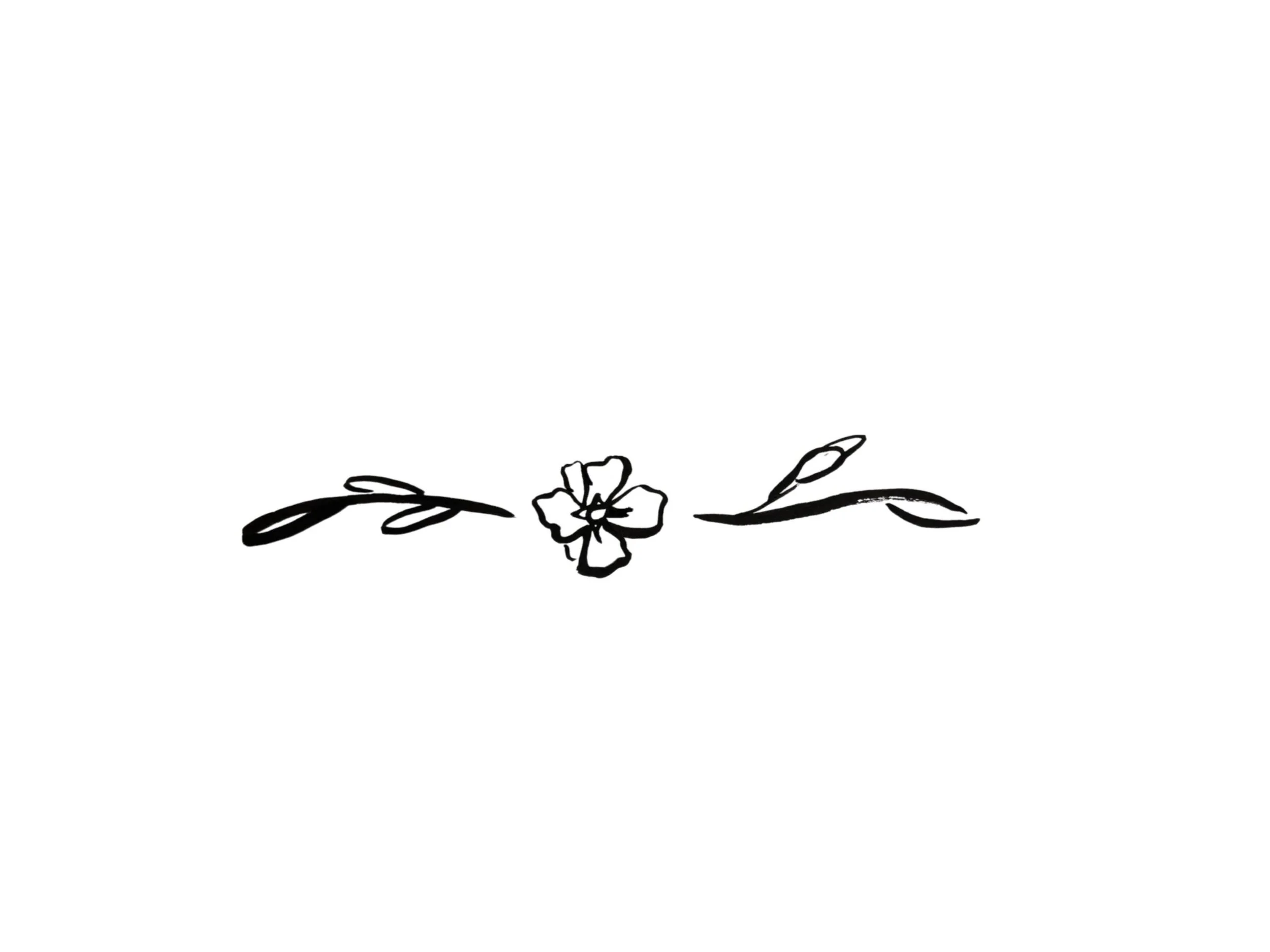 Simple black line drawing of a small flower with two leaves on each side on a white background.