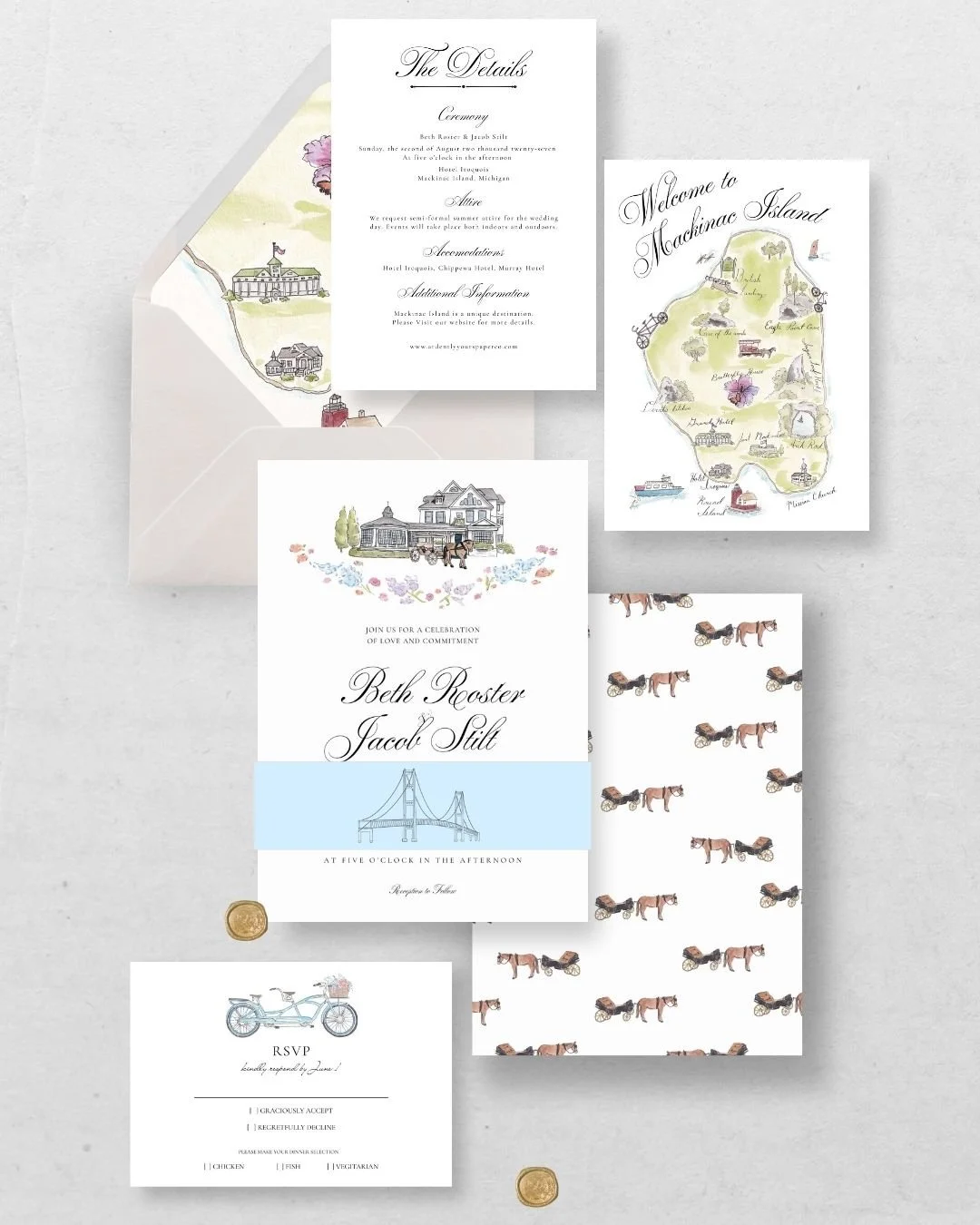 Wedding invitation set with a map of Mackinac Island, a detailed ceremony invitation, an envelope with a Mackinac Island illustration, a response card with a bicycle, and a scroll invitation with horse-drawn carriage illustrations.