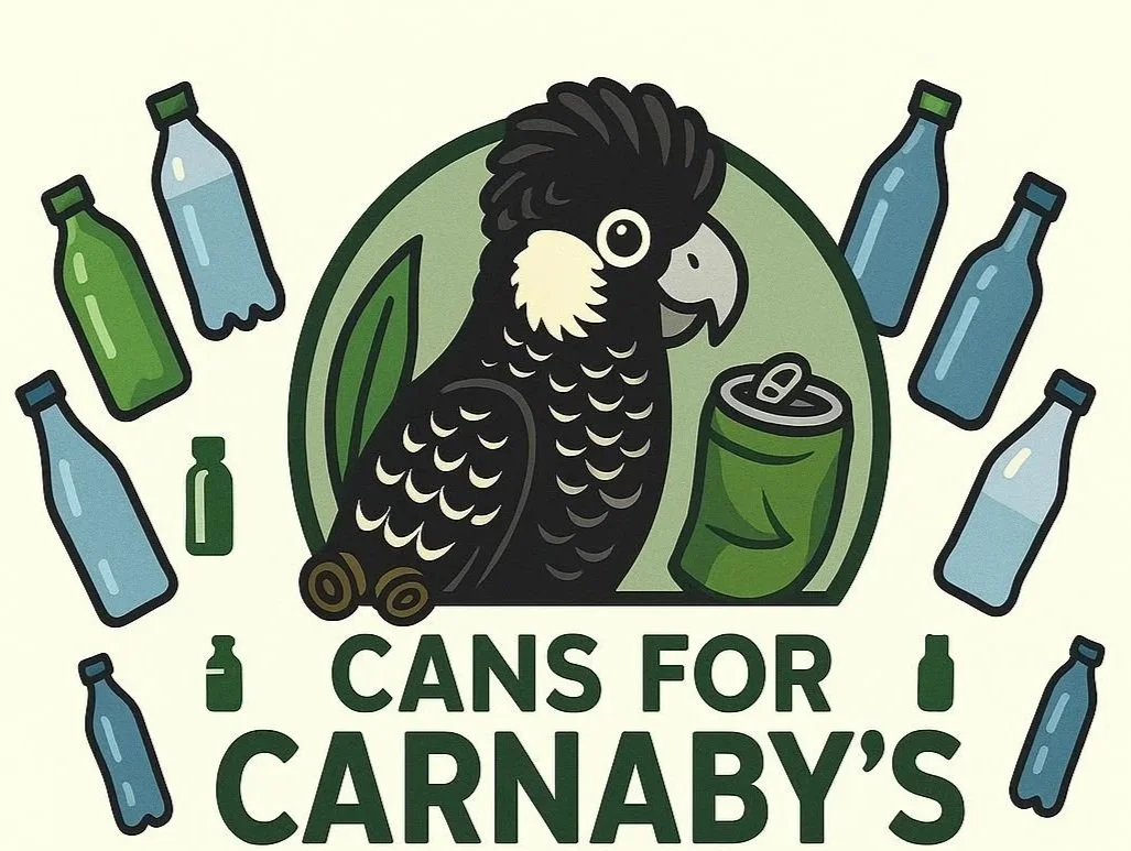 A cartoon illustration of a bird, specifically a cockatoo, surrounded by various cans and bottles, with the text "Cans for Carnaby's" below.