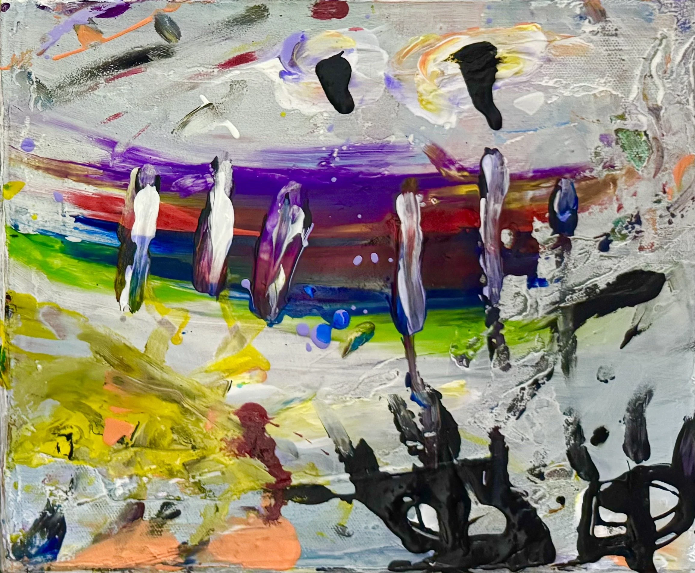 Abstract colorful painting with a mix of purple, black, white, yellow, green, and red brushstrokes on a textured canvas.