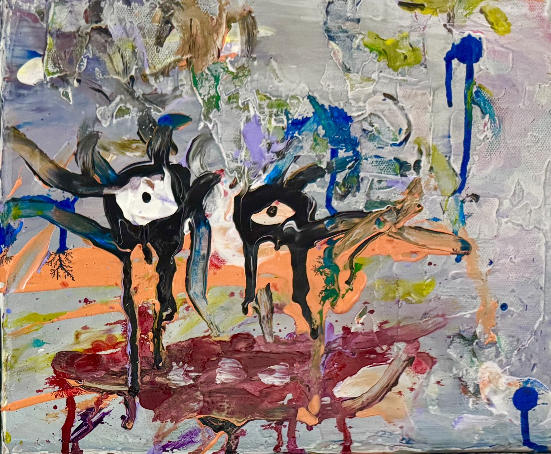 Abstract painting with vibrant colors including black, red, orange, green, blue, purple, and yellow, with thick textures and dynamic brushstrokes.