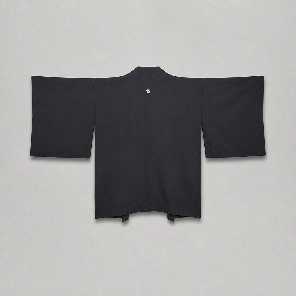 Silent Garden vintage black silk Japanese haori with single white kamon family crest