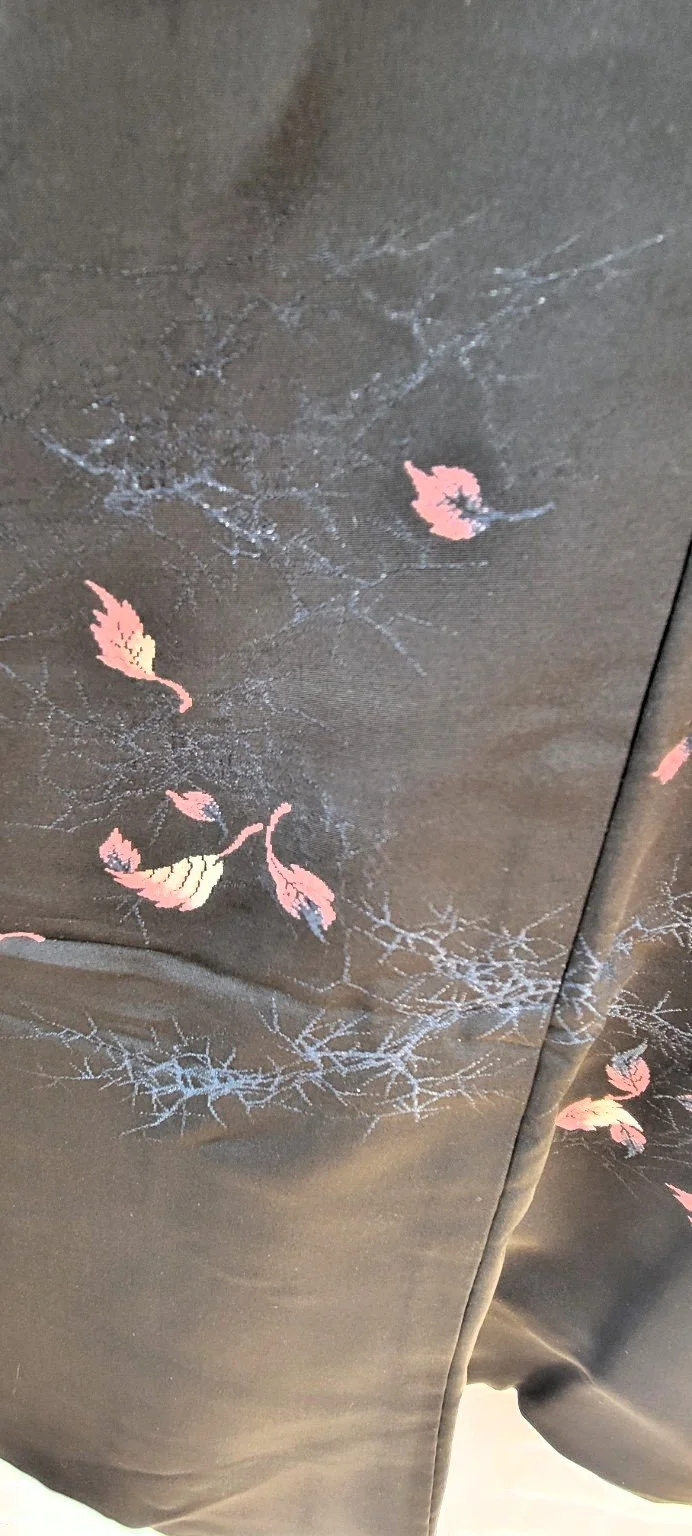 Crimson and blue autumn foliage on black silk vintage Japanese haori