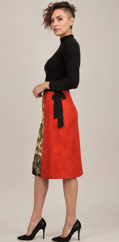 Side view of Crimson Current, a vintage Japanese textile wrap skirt with a coordinating tie waistband and red floral-patterned fabric.