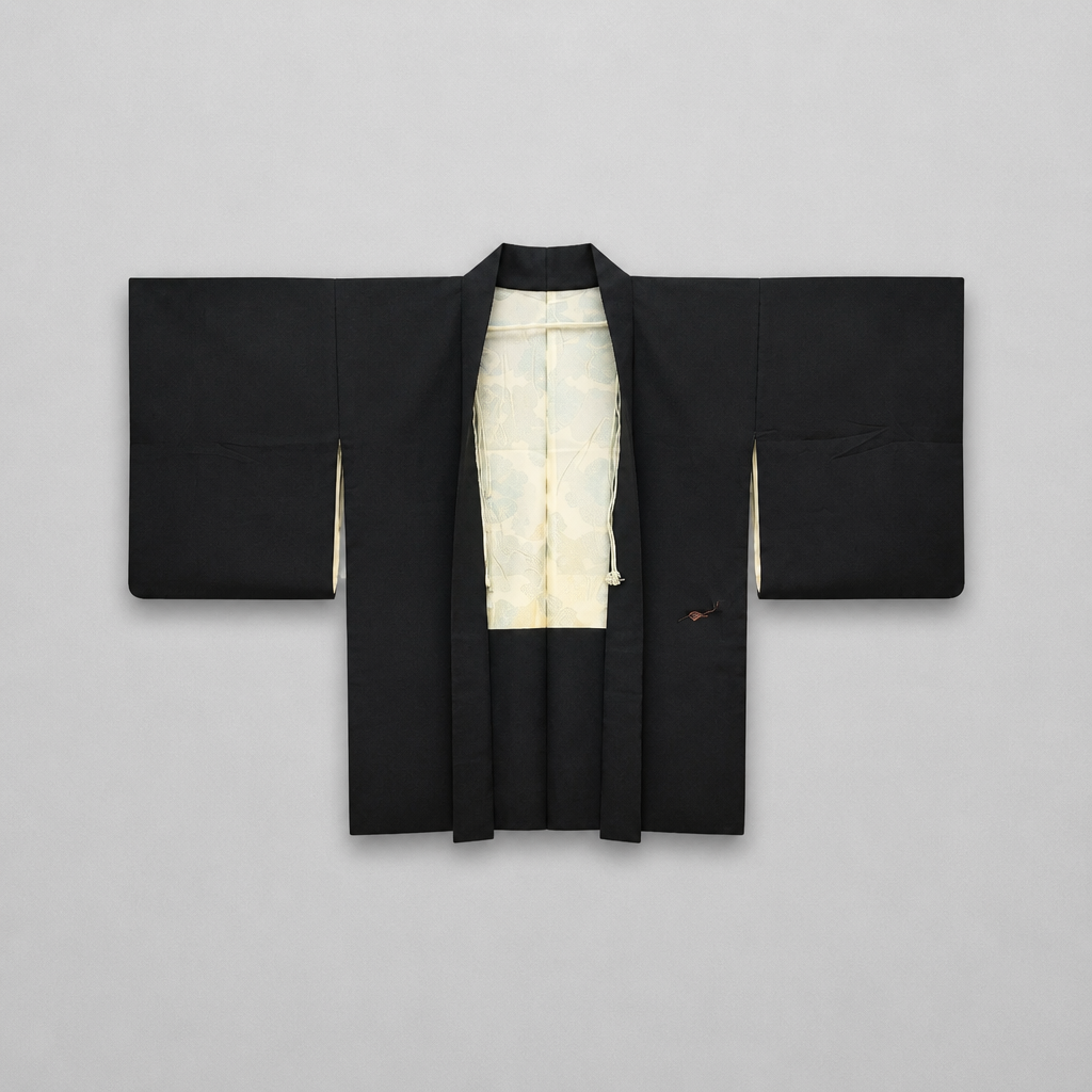 Front of Crimson Maple vintage black silk Japanese haori with pale patterned lining