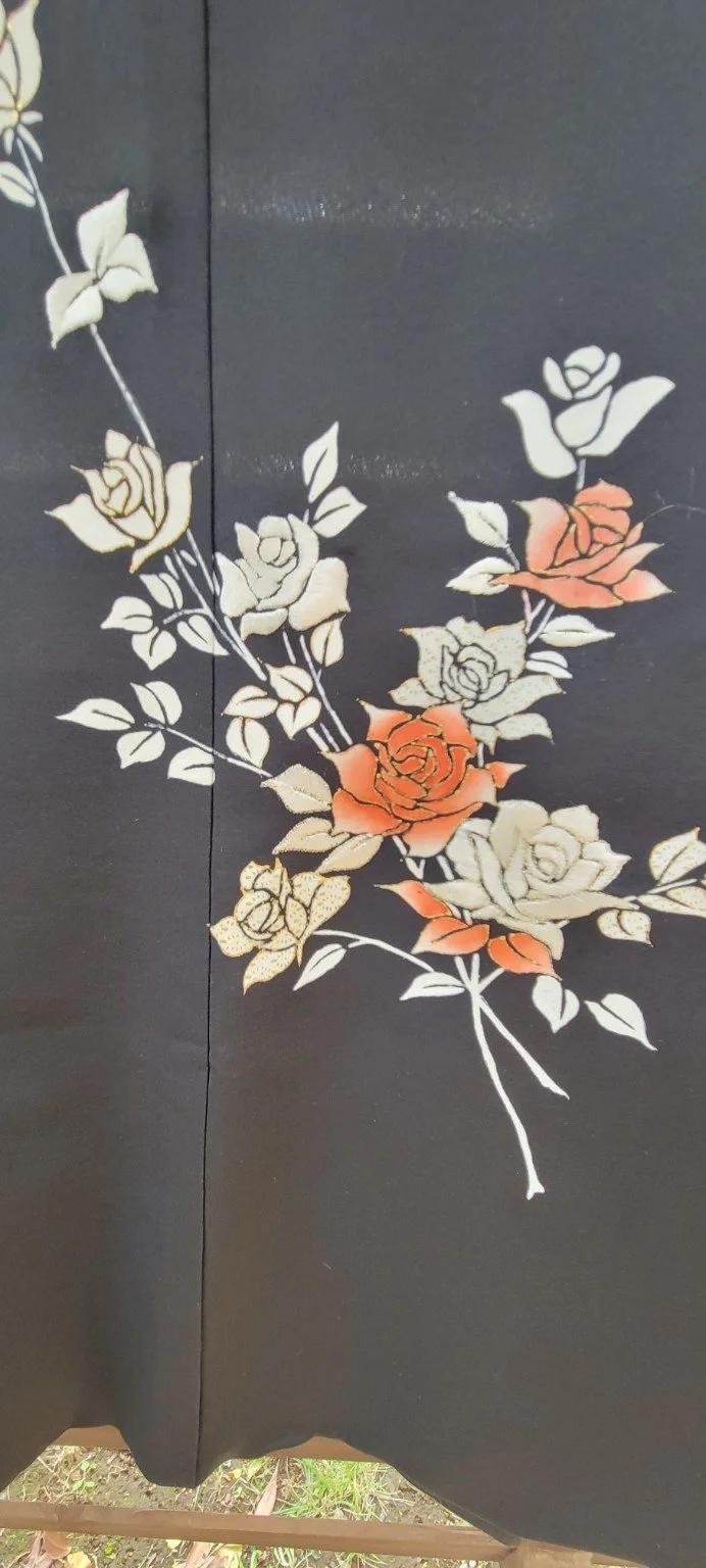 Coral ivory and gold rose motif on vintage black Japanese silk haori