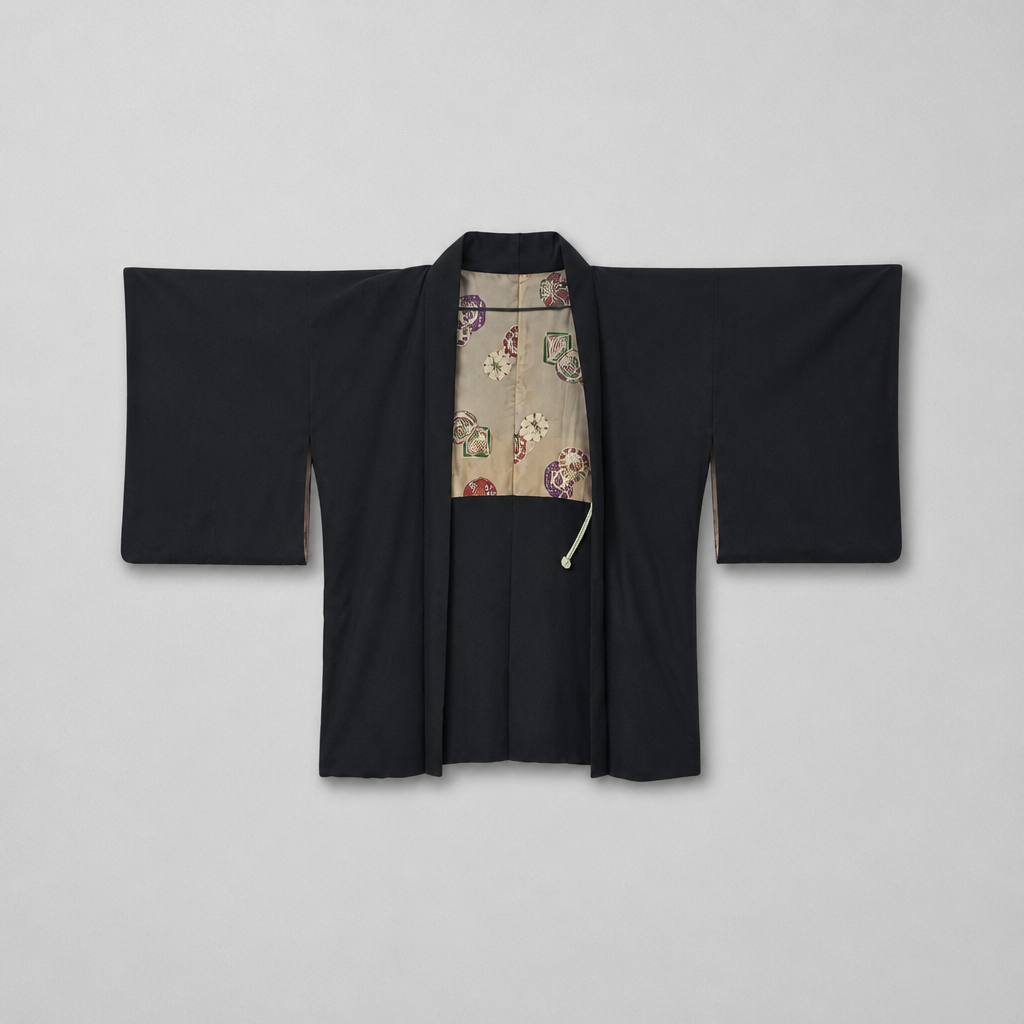 Interior of vintage Japanese men's haori with ivory seasonal medallion silk lining