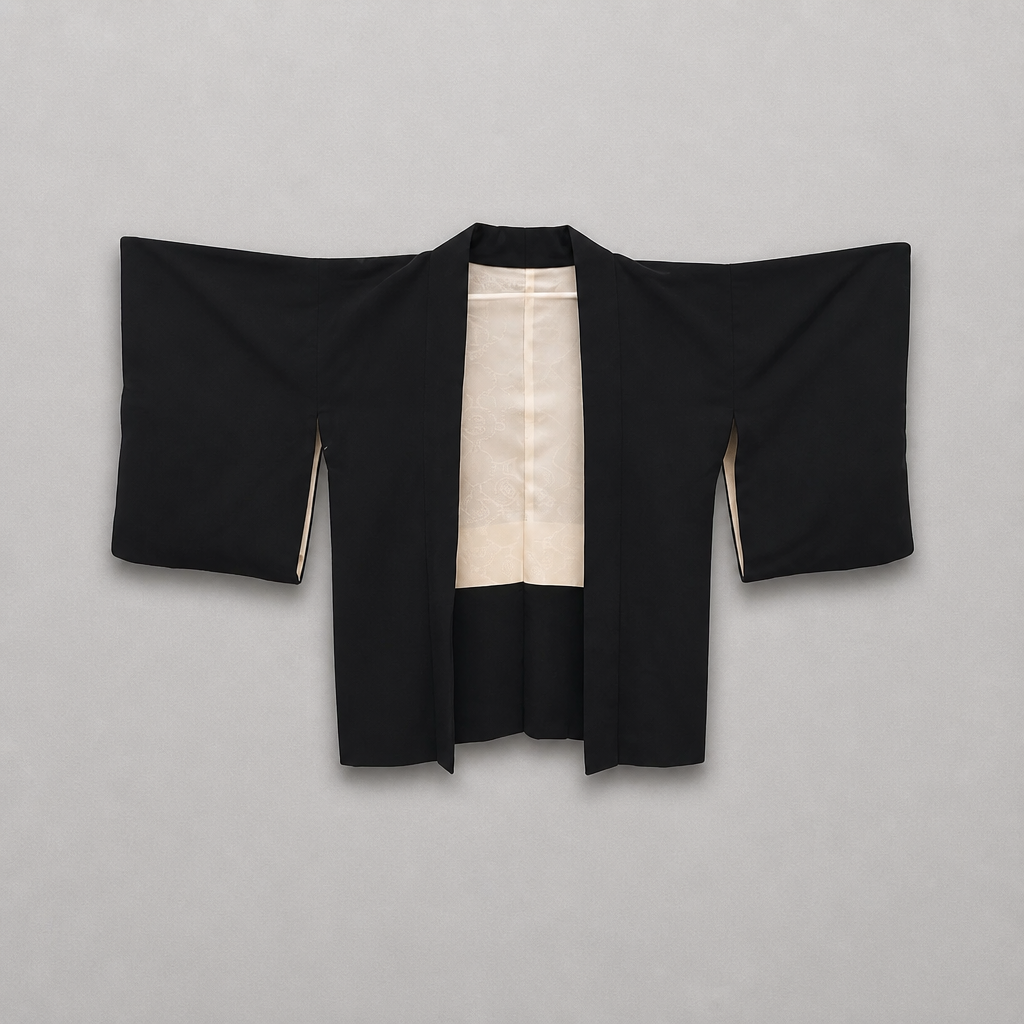 Front of Imperial Blossom vintage Japanese black silk haori with ivory patterned lining