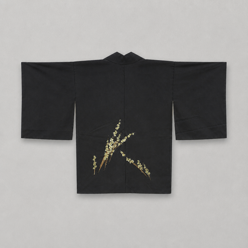 Spring Plum vintage Japanese black silk haori with ivory green and gold plum blossom branches