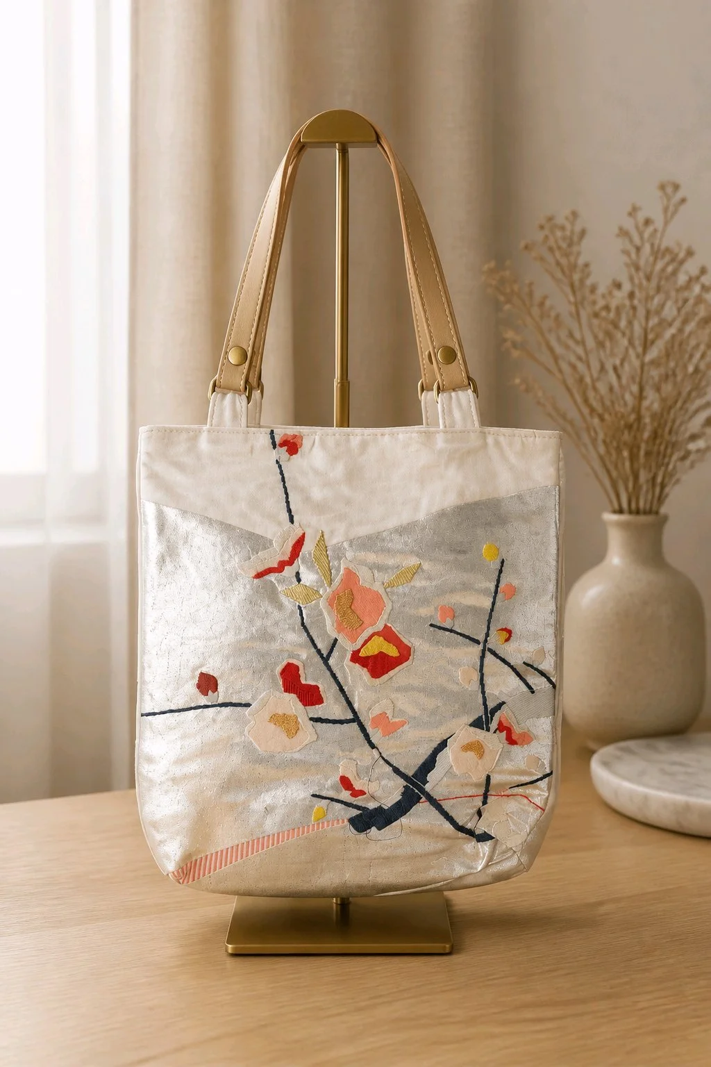 Silver Blossom Vintage Obi Silk Tote