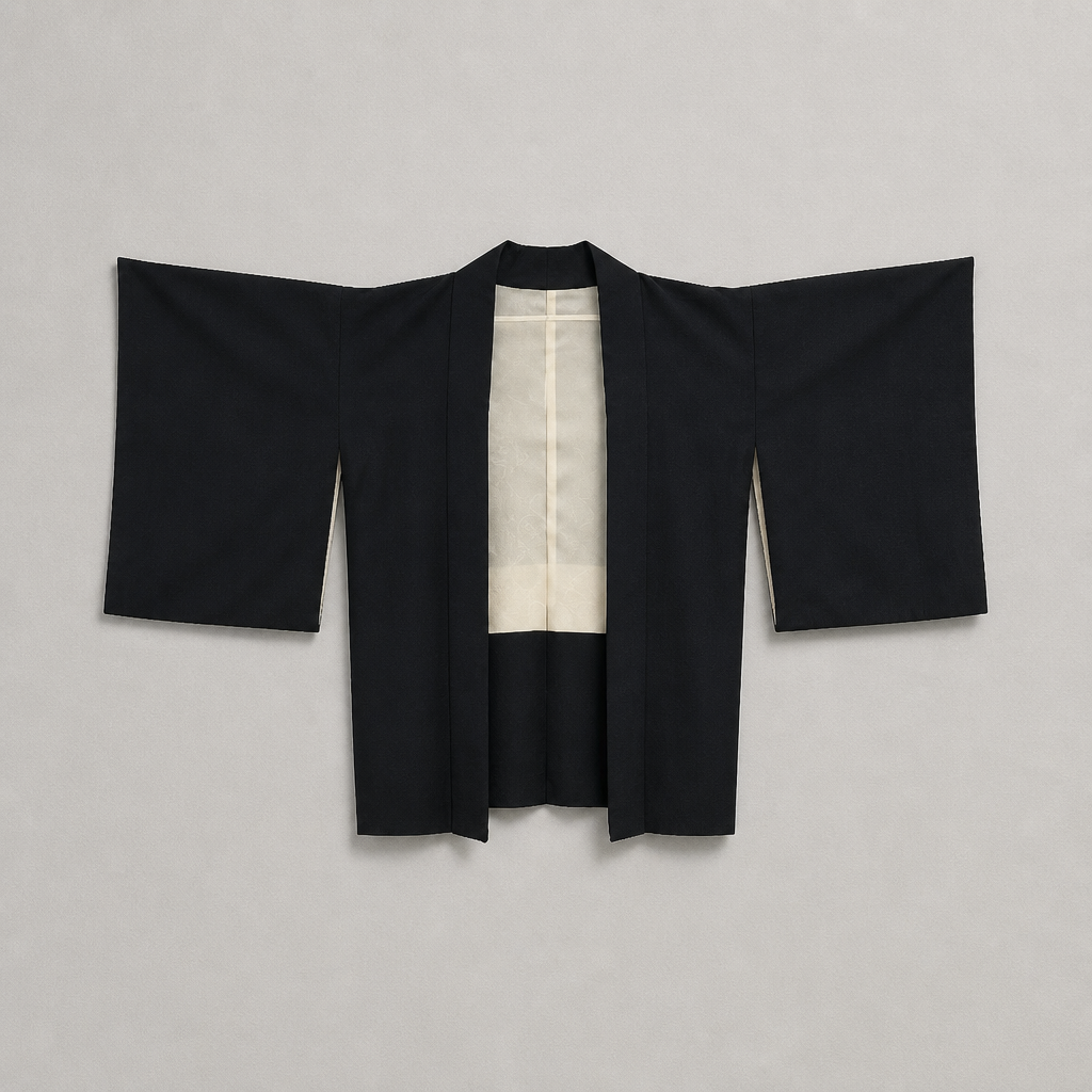 Front of Moonlit Waters vintage Japanese black silk haori with pale ivory silk lining