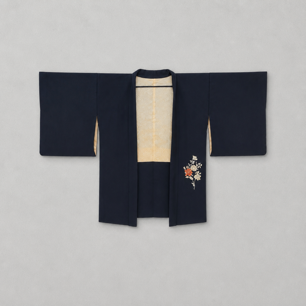 Front of Blushing Rose vintage black silk Japanese haori with ivory patterned lining