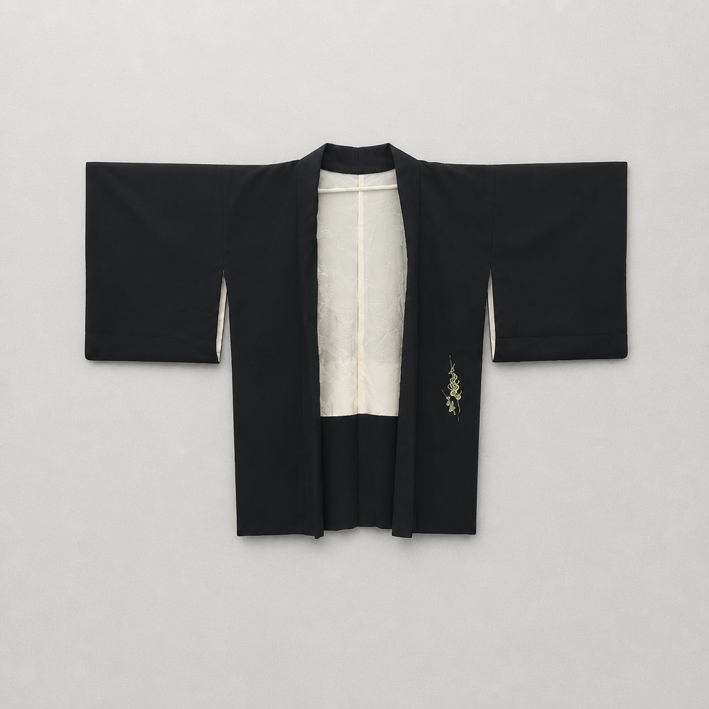 Front of Spring Plum vintage Japanese black silk haori with small plum blossom motif and ivory lining