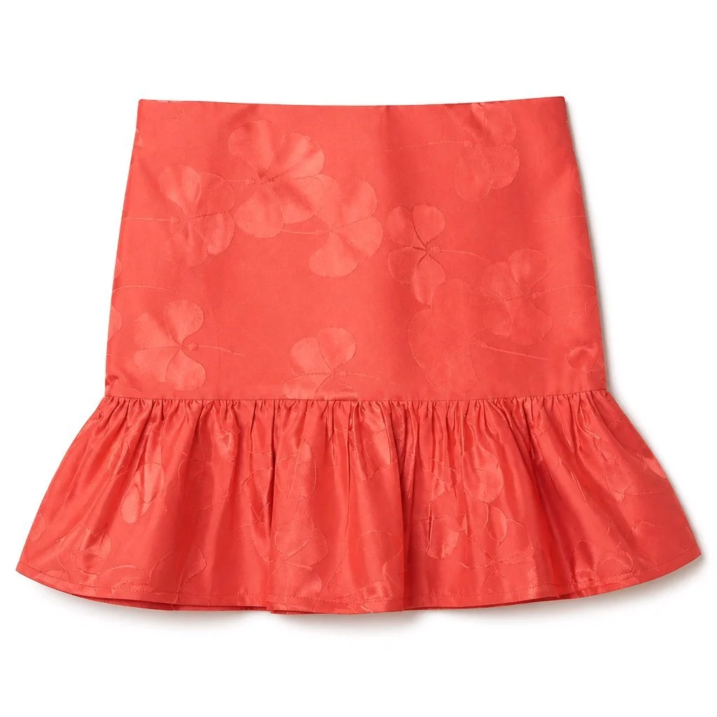Red Reverie convertible top and skirt made from coral-red vintage Japanese haori textile with a tonal floral pattern and gathered ruffle.