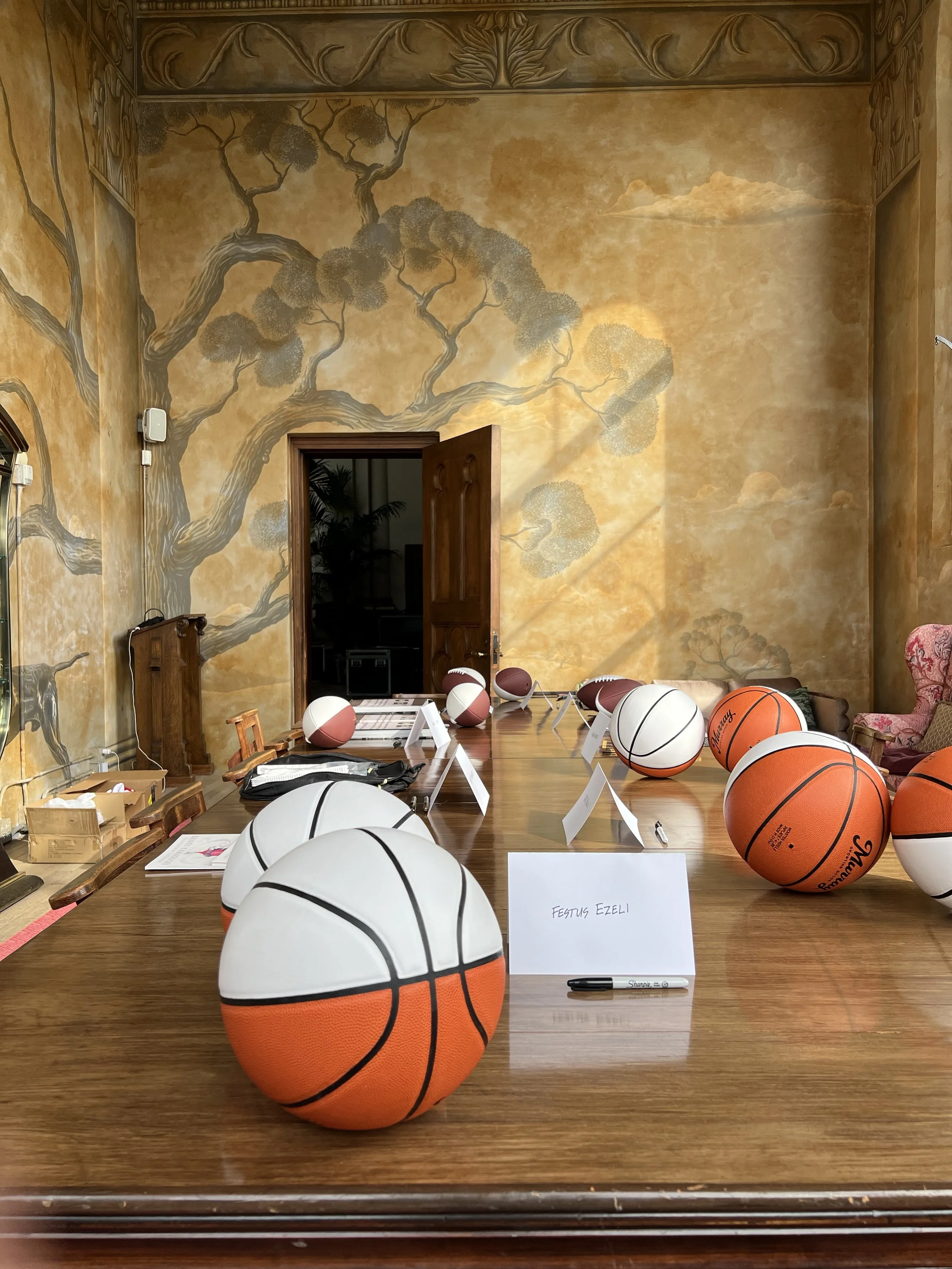 Table with basketballs and signs in a room with mural walls depicting trees.