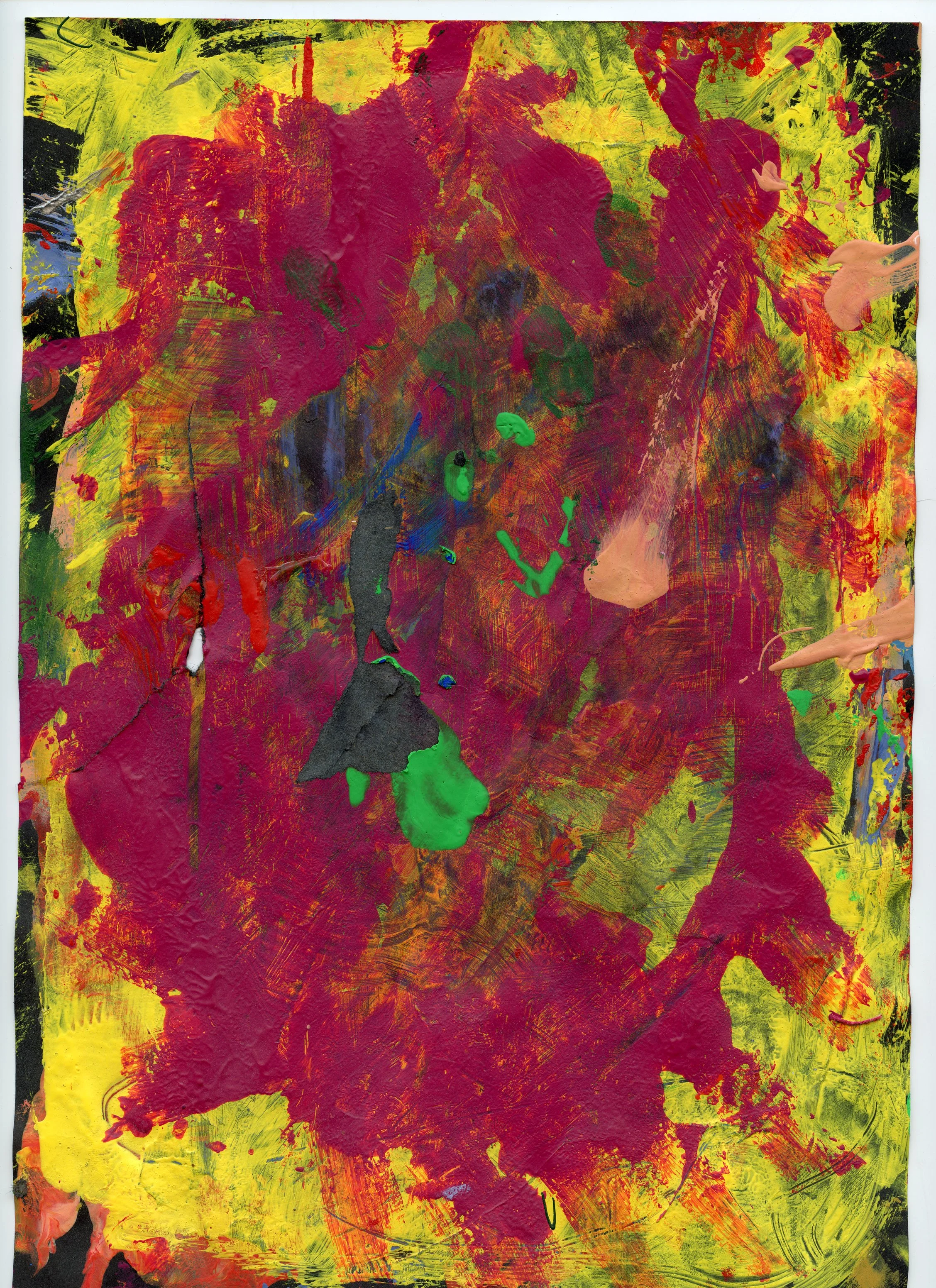 Abstract painting with bold strokes of red, yellow, green, black, and blue paint, with textured layers and random smears.